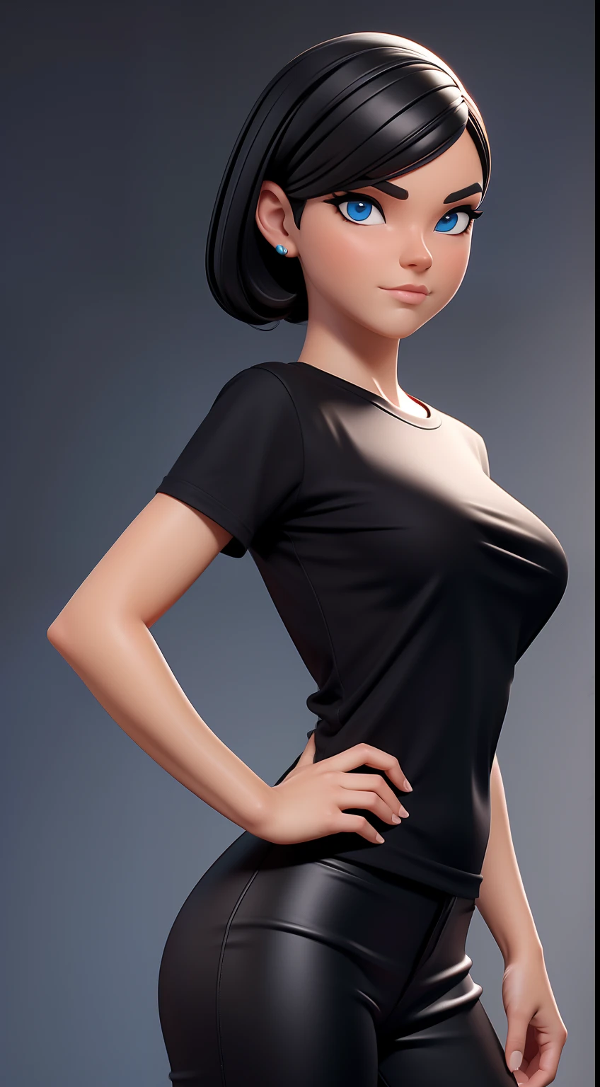 A close up of a woman in a black top and black pants - SeaArt AI