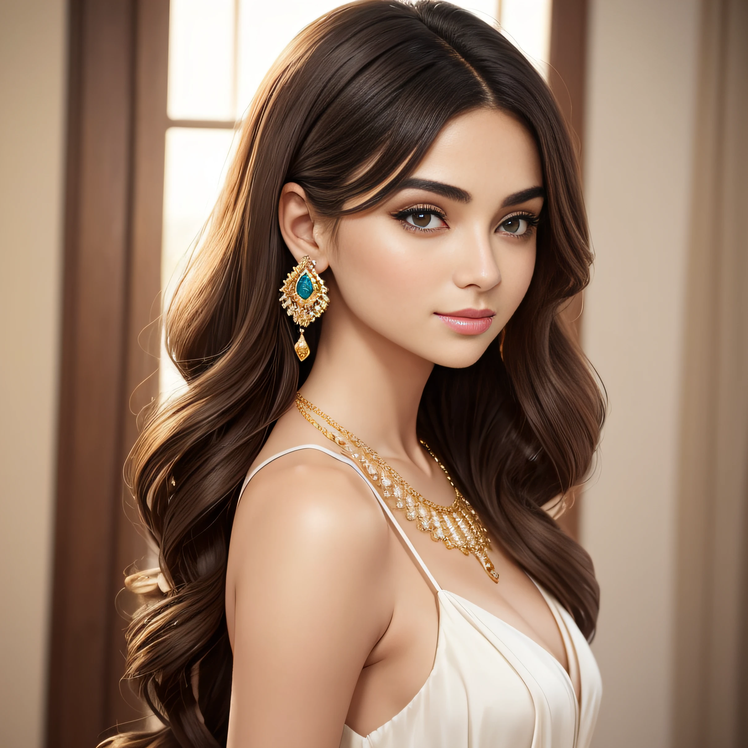I will describe a beautiful Iranian woman below:
She is a very beautiful young woman. Her hair is quite sloping and long, her hair is a frame of poppie and brown colors that shine naturally. His hair has reached the middle of his back and shoulders and looks very attractive with curly design.
His face is very harmonious and attractive. It has large and prominent eyes, and their pompous color also shows well between the semi-arched eyebrows. Her face is smooth and radiant, and with a natural complexion, without flaws, like a golden patisserie.
When you see her، you see a gorgeous dress on her body. She has opted for a long gown that matches her hair and skin perfectly. This dress is designed with a simple but stylish design with minimal and semi-shaved detailing. The material of this dress is made of a transparent and sparkling fabric that accentuates her beautiful body and natural forms.
In addition, she has brought simple, carefully chosen jewelry on her. She has a thin gold necklace with a small gemstone hanging in the middle of her neck and has very simple but stylish earrings to curl her long hair.
He is moving safely and confidently, and gives a pleasant smile on his lips. By combining natural beauty and a knack for using clothes, she has been able to create a very attractive look that attracts all eyes.