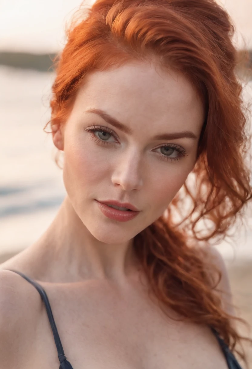redhead, big breasts, wearing a swimsuit, Kissing the cam and winking