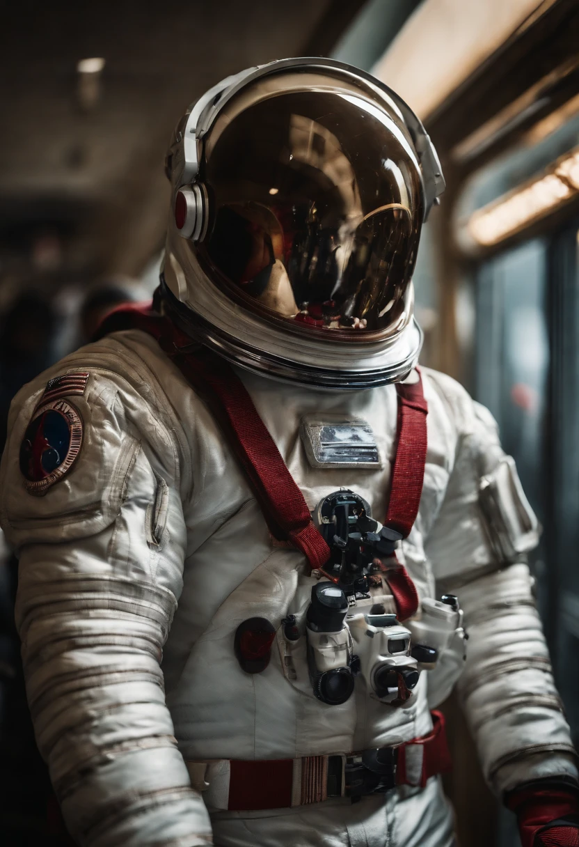 Create an intriguing illustration featuring a red Among Us astronaut standing in a shadowy corner, holding a gleaming knife in one hand. The astronaut’s eyes should be glowing with an eerie red light, while the Imposter logo is subtly incorporated in the background, adding an element of mystery and suspense.