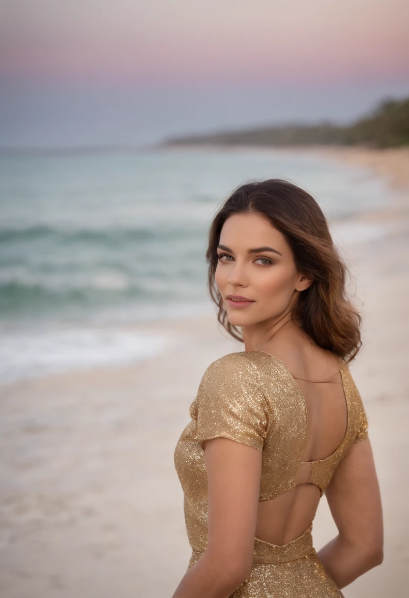 loira jovem e mulheres, usando biquini dourado, em Sunset Beach