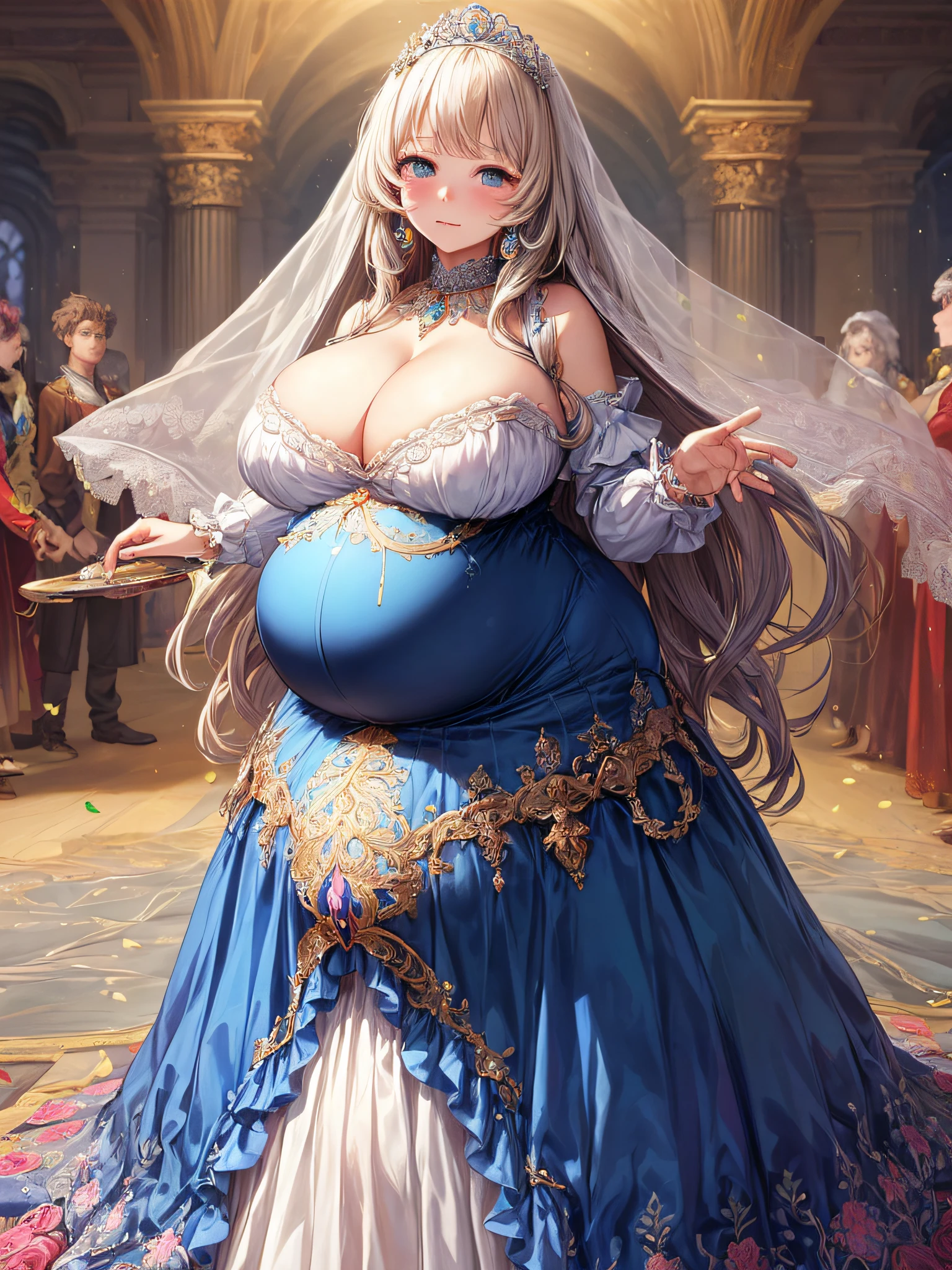 (masterpiece, best quality,extremely detailed:1.1),(moe anime art style:1.2),1girl,((full body,focus face)),((solo)), cute, kawaii,digital art,((1 bling-bling pregnant princess wearing beautiful embroidery and jeweled gorgeous princess rococo ballgown with voluminous full length hoop skirt)),(((heavily pregnant,very big pregnant belly))),((crinoline)),long train,voluminous frills,(gorgeous embroidery and beautiful lace),((very gigantic boobs,skindentation)),cleavage,shiny hair,(((very long straight hair,large amount of straight hair))),((embarrassed)),anguish,((finely detailed face and eyes)),clear pupil,extremely gorgeousfull hair ornament,(bling-bling jeweled extremely gorgeousfull tiara),(bling-bling gorgeous gemstone jewelry),long veil,beautiful background,fantasy background,flowers,flower petals flowing,full body,((beautiful embroidery and jeweled ruffled gorgeous princess rococo ballgown with voluminous full length hoop skirt))