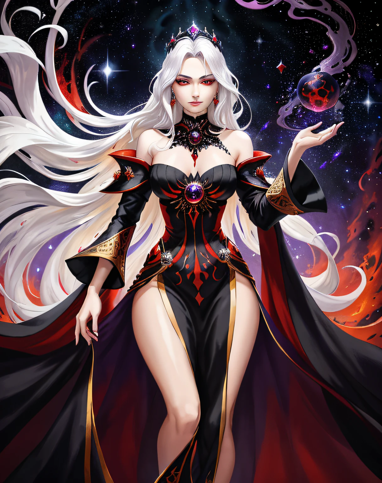 extremely detailed, hyper detailed, (PERFECT FACE), ((detailed eyes)) illustration, low lighting, 2d, intricate, detailed eyes, sexy, toned, (outside), White hair, red eyes. Surrounded by golden, black and red nebulae, stars, sidereal winds and planets. ((extremely realistic shadows, masterpiece, extremely detailed, photorealistic)). A beautiful queen of the gods of evil, her robes of black and crown of white gold standing out against a backdrop of a deep red, black and purple nebula and stars, her beauty and power radiating from her. (1 woman) (20 years old) beautiful but intimidating, black and red Greek tunic, very long wavy hair, optimal height, tight clothing, voluptuous body; hourglass shaped body, long legs, graceful arms, intimidating and beautiful face, cool and calm type of face with a cold smile.