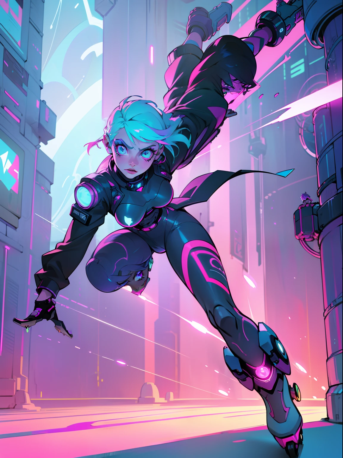 (best quality,4k,8k,highres,masterpiece:1.2),ultra-detailed,(realistic,photorealistic,photo-realistic:1.37),cyberpunk girl,neon roller skate,ice skate blades,cool,skating on wall,no helmet,futuristic cityscape,graffiti walls,colorful neon lights,reflective surfaces,glowing hair,urban environment,energetic pose,nighttime,electric blue,pink and purple color palette,dynamic movement,dramatic shadows,high-tech gadgets,speed and motion,sci-fi fashion,confident expression,vibrant energy,adrenaline rush,lens flares,glowing eyes,edgy makeup,bold accessories,multi-layered clothing,hovering drones,futuristic architecture,street art,impressive acrobatics,striking composition,intense atmosphere.