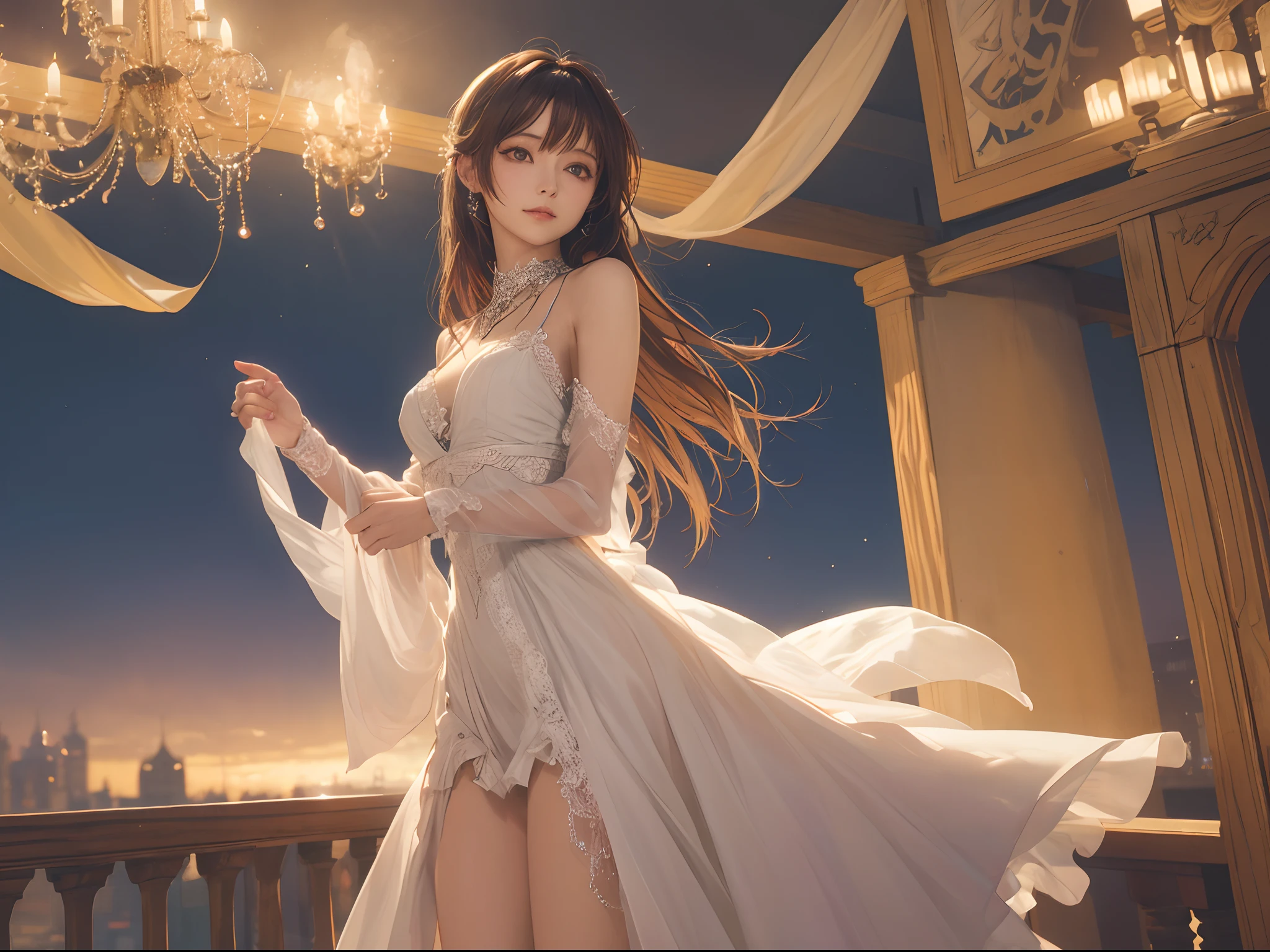 Dynamic angle, best quality, masterpiece,((atmosphereic dusk)), a beautiful princess, wearing fancy jewelry, brown hair color with straight bangs, looking out over the fantasy city landscape, ((dynamic seductive pose)), strapless white gown, medieval background setting, fantasy balcony in skyscraper castle tower, small breast, dynamic pose, realistic proportion, dynamic light, atmosphereic, cinematic,