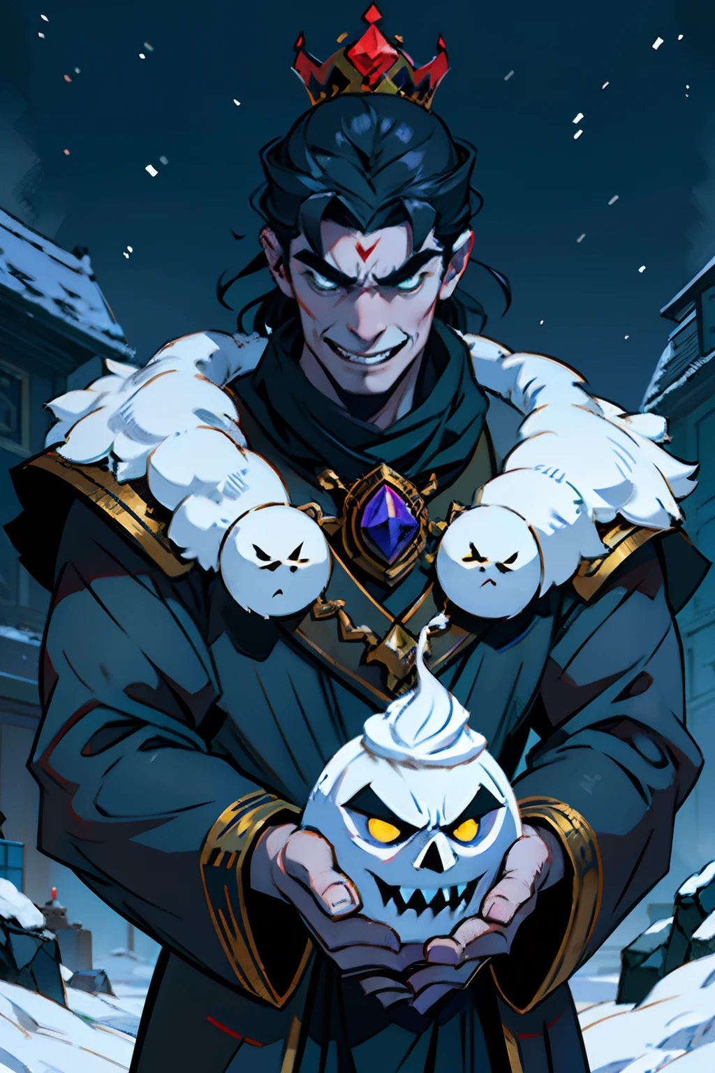 A man who is an evil emperor with a sinister grin, wearing a broken crown, holding a snowball in his hand, background is black night sky, eerie lighting, snow falling, mood is futile, nugatory, abysmal, desolate, character design.