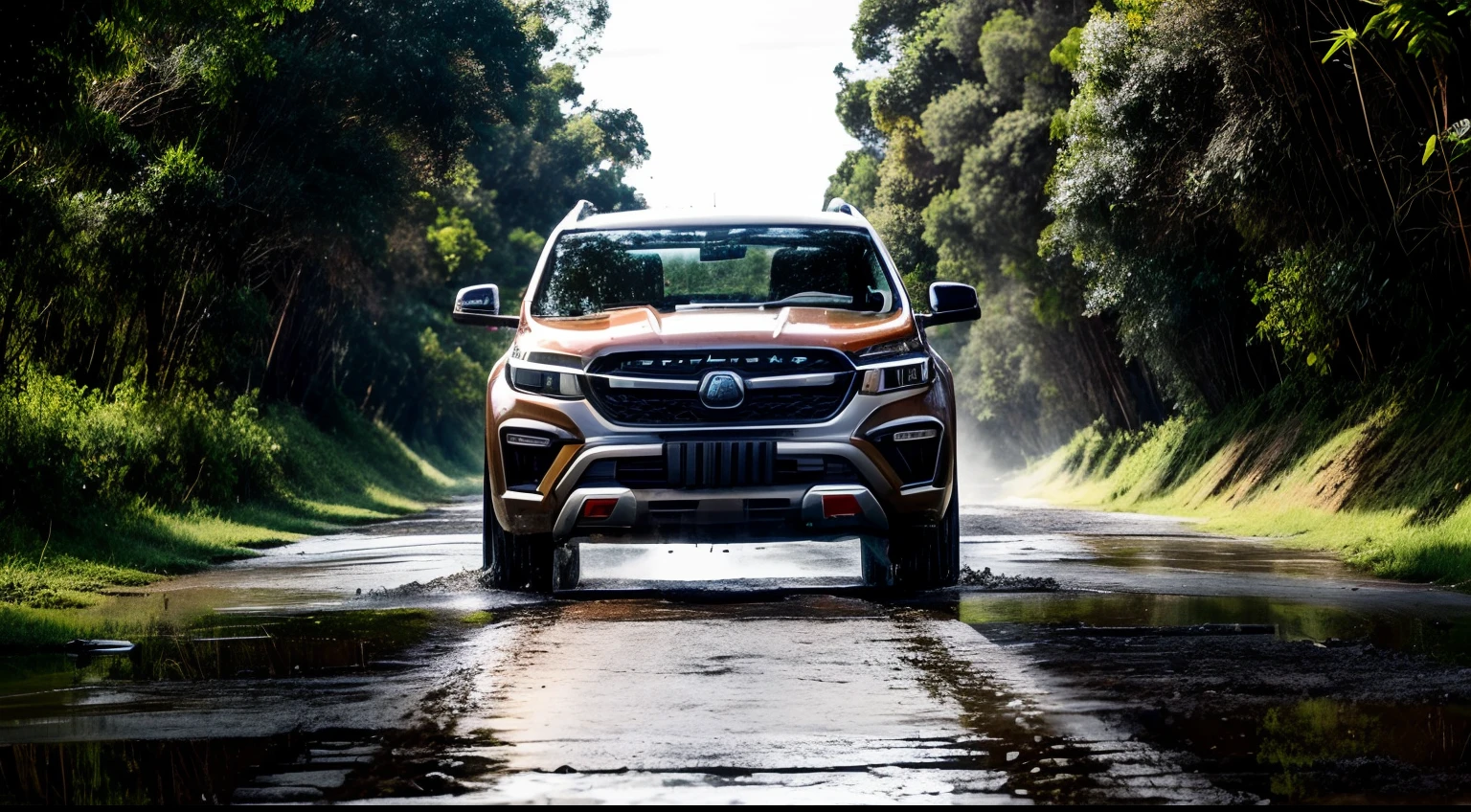 Capture um momento emocionante com um SUV de estilo aventura, reminiscente de um jipe, pintado em cores camufladas. This rugged vehicle should be equipped with striking neon headlights, rodas de liga leve resistentes, e pneus todo-o-terreno. Coloque-o em um esburacado, estrada de terra lamacenta, surrounded by trees and tall grass, with puddles filled with water reflecting the passage of the vehicle.A cena se passa no final da tarde, with the SUV positioned to show a spectacular sunset in the background. Make sure the photograph exudes a sense of movement, as if the vehicle were in the middle of an exciting journey. A imagem deve ser incrivelmente detalhada e realista, as if it were taken by a professional photographer, e deve ser da mais alta qualidade - ultra HD (UHD) or 8K resolution.