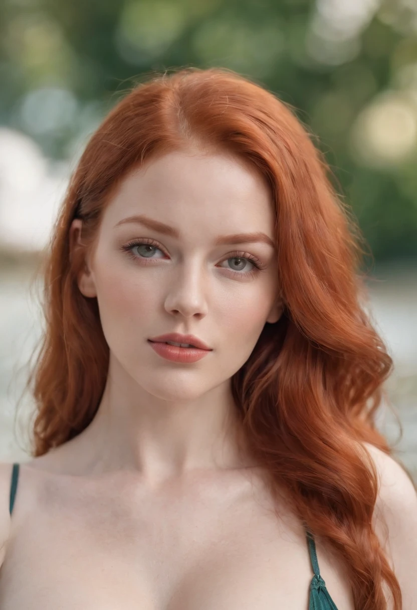 redhead, big breasts, wearing a swimsuit, kissing the cam, winking the left eye, full body image