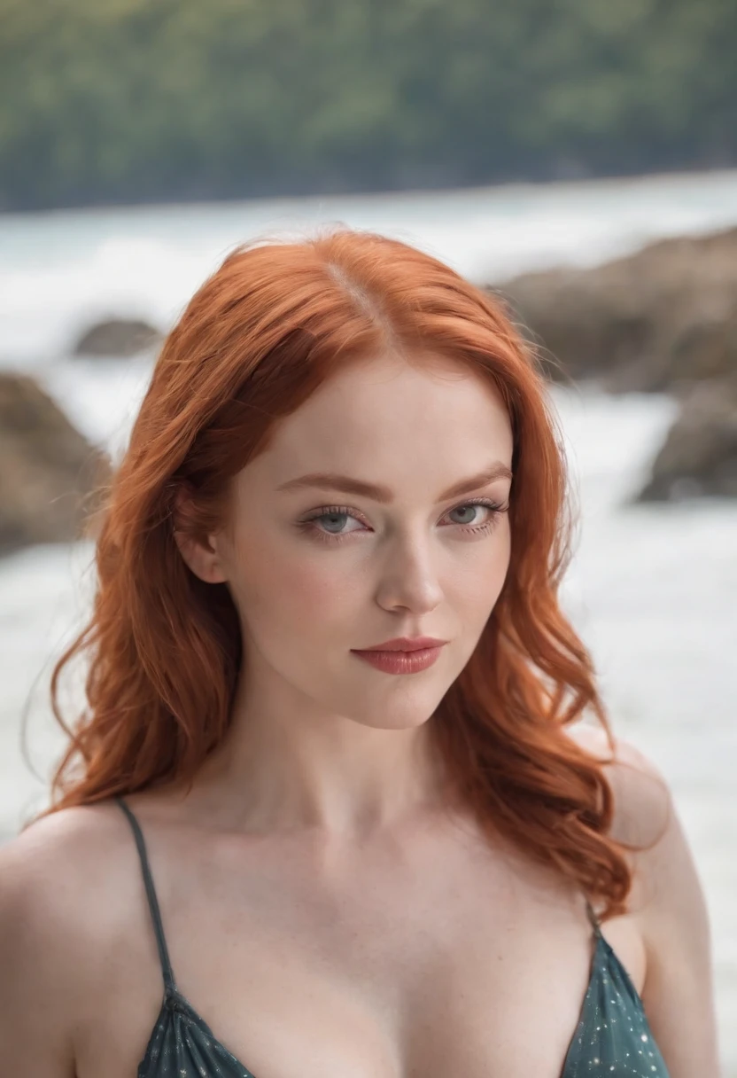 redhead, big breasts, wearing a swimsuit, kissing the cam, winking the left eye, full body image