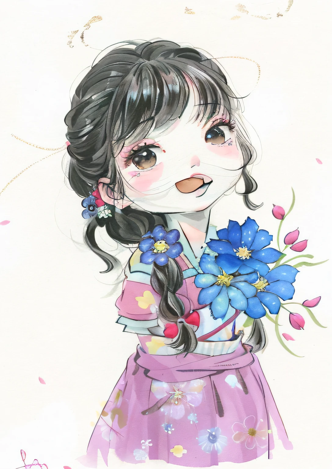 There is a drawing of a girl with a flower in her hand, flores em seus cabelos escuros, com flores congeladas ao seu redor, com flores, inspirado em Kim Du-ryang, Chibi, Nice Cartunesco, inspirado em Takehisa Yumeji, inspirado em Alice Prin, segurando flores, com um rosto de flor, carregando flores