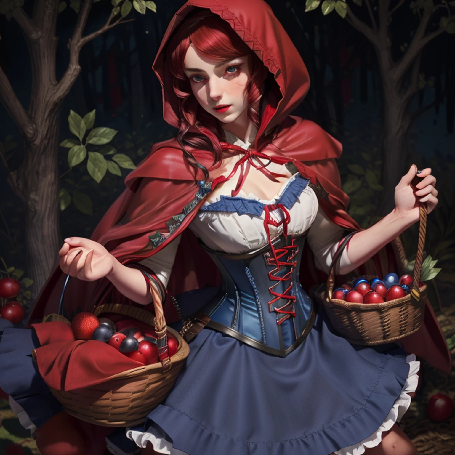 blue eyes,  RedHoodWaifu, (red hood, cape, corset, dress, red skirt),  fruit basket,  nice hands, good hands, detailed face, detailed eyes, detailed lips, detailed eyelashes,