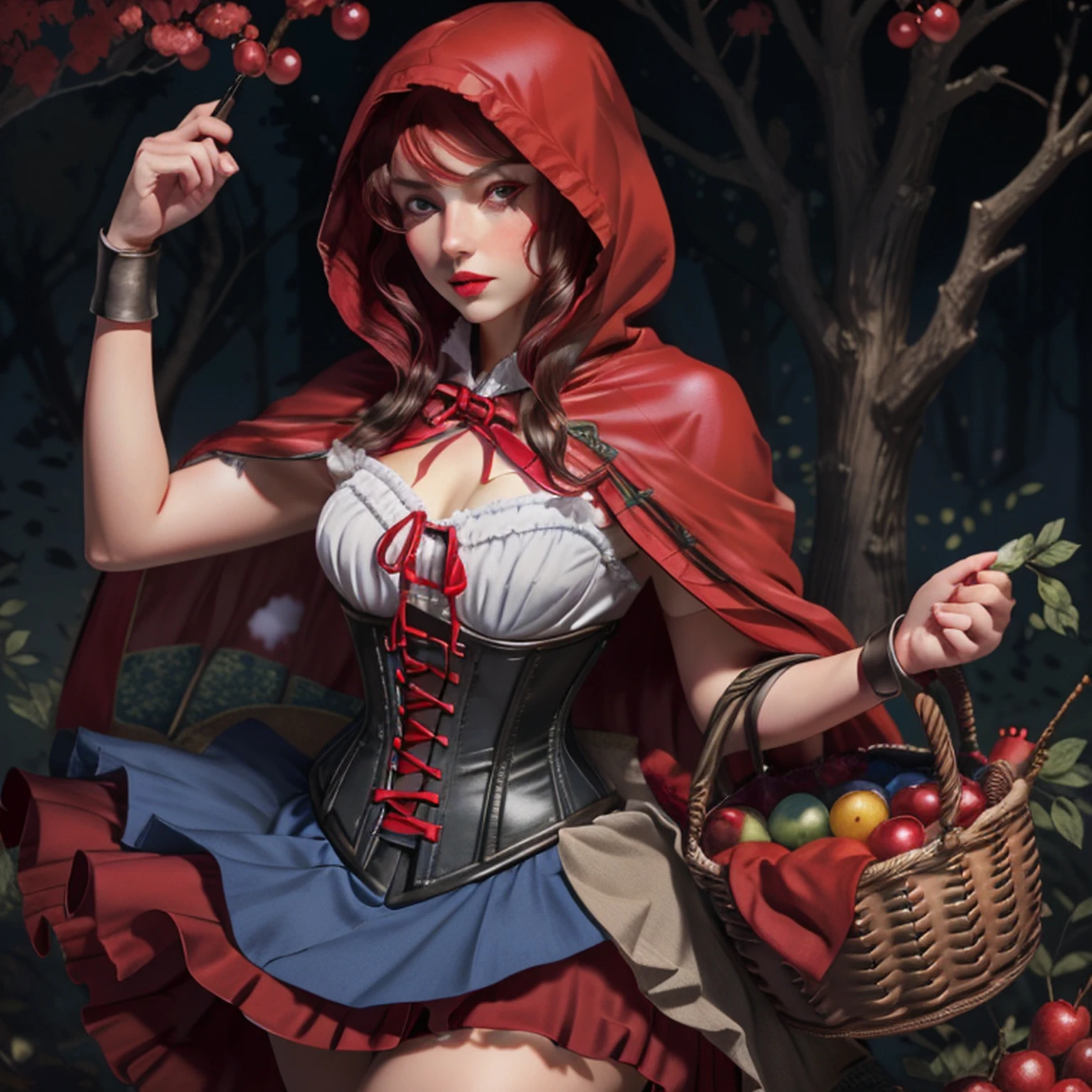 blue eyes,  RedHoodWaifu, (red hood, cape, corset, dress, red skirt),  fruit basket,  nice hands, good hands, detailed face, detailed eyes, detailed lips, detailed eyelashes,