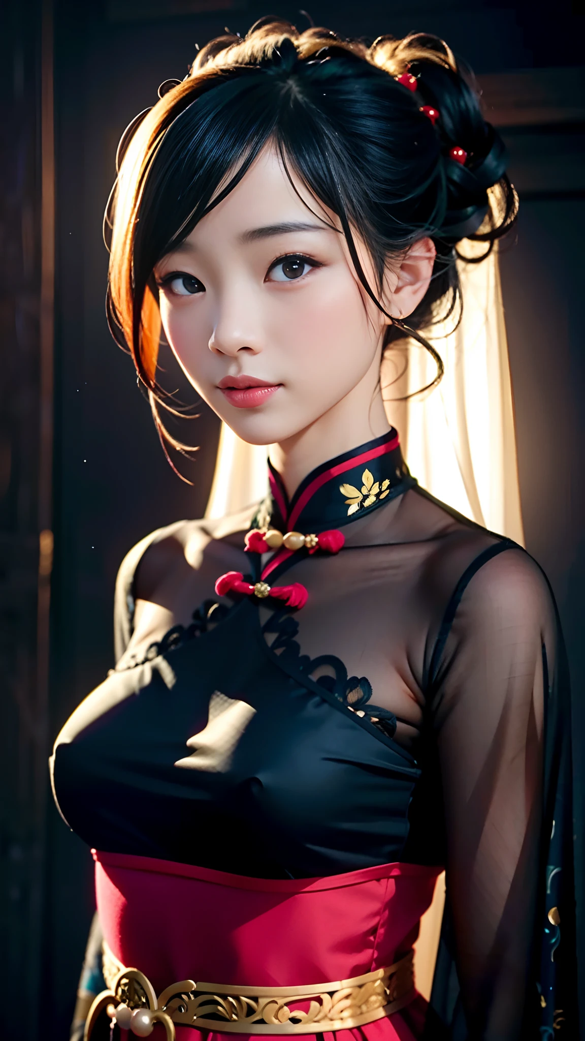 A girl dressed in traditional Chinese clothing,Semi-,Shy,(Extensive body exposure:1.5),(Best quality,4K,8K,A high resolution,Masterpiece:1.2),Ultra-detailed,Realistic:1.37,hdr,hyper HD,Studio lighting,Extreme detail description,professional,Vivid colors,sportrait