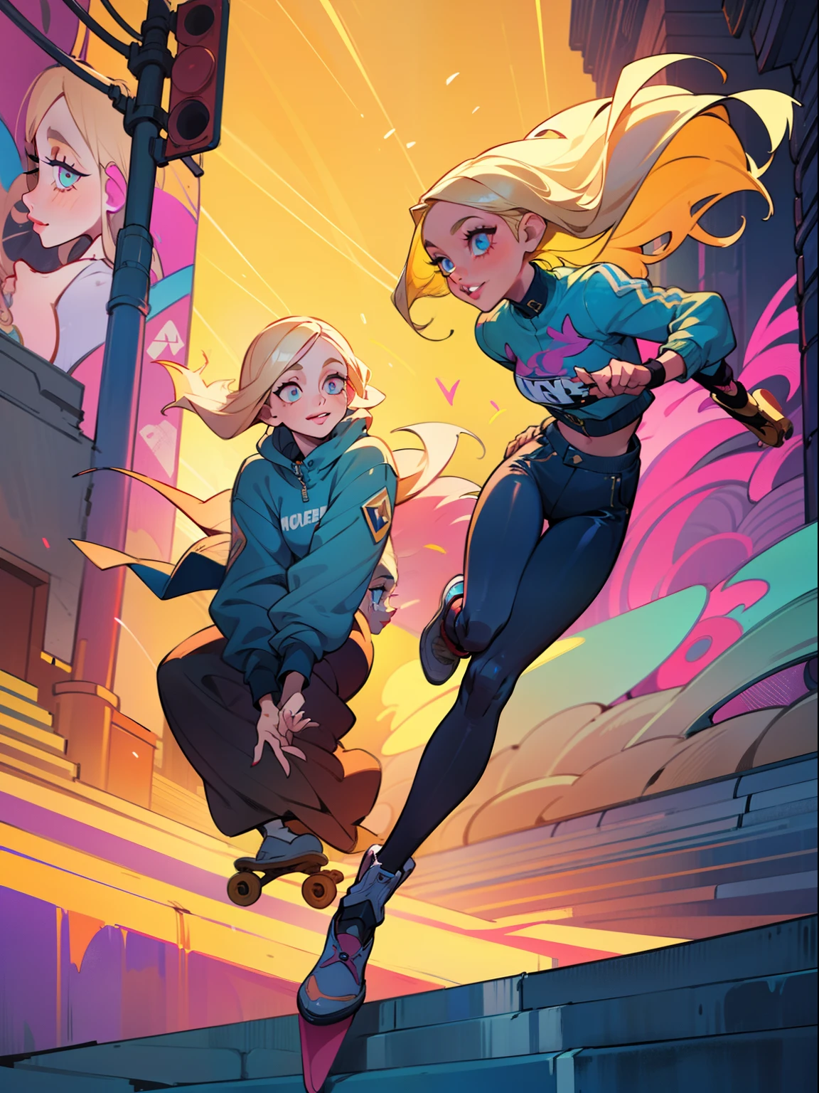 (a girl,beauty,2girls)cool detailed eyes,beautiful detailed lips,extremely detailed eyes and face,longeyelashes,blonde hair,confident smile,stylish outfit,holding a skateboard in a dynamic pose(aesthetic style),vibrant colors,street-art inspired background,urban lighting