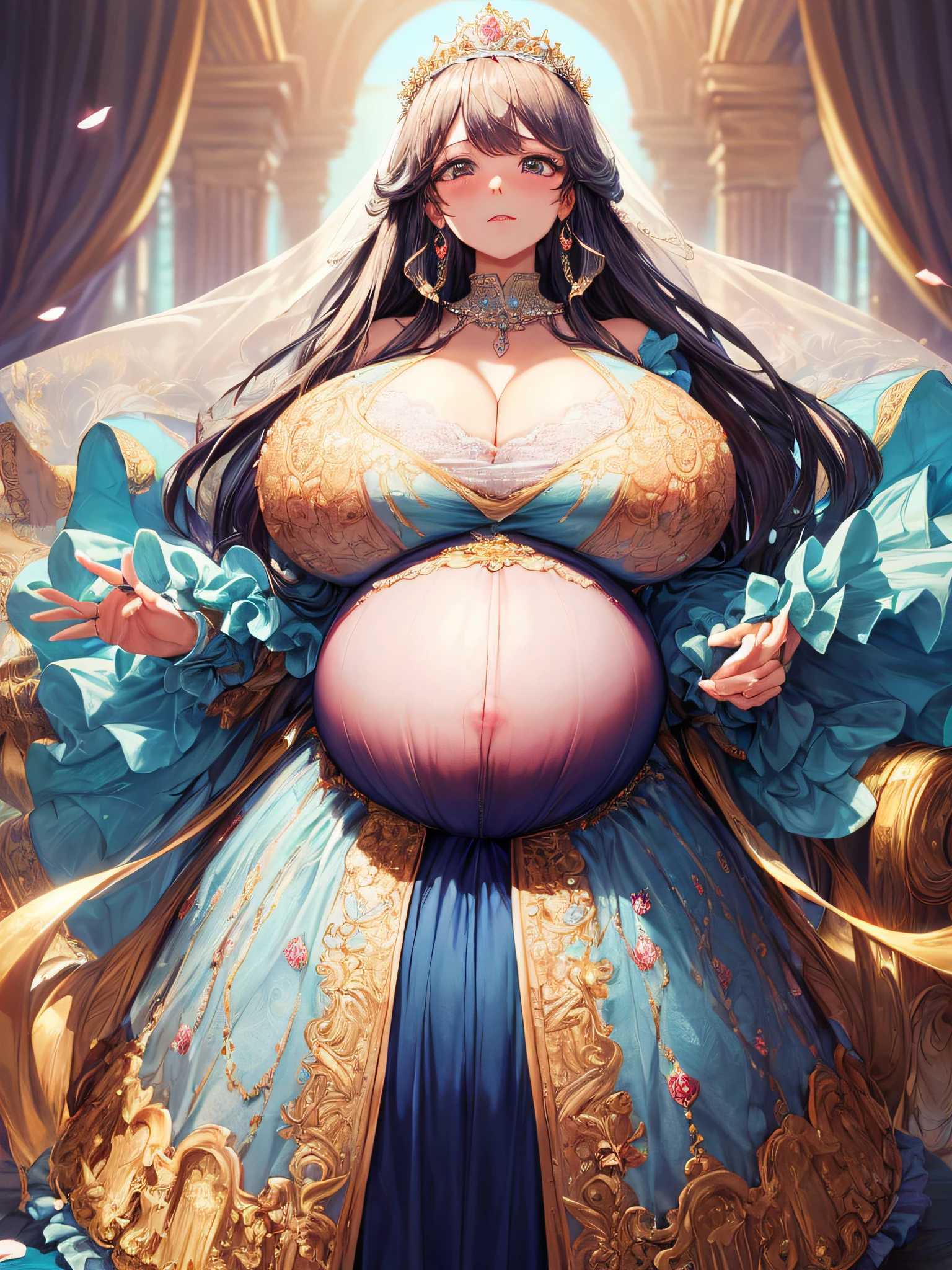 (masterpiece, best quality,extremely detailed:1.1),(moe anime art style:1.2),1girl,((full body,focus face)),((solo)), cute, kawaii,digital art,((1 bling-bling pregnant princess wearing beautiful embroidery and jeweled gorgeous princess rococo ballgown with voluminous full length hoop skirt)),(((heavily pregnant,very big pregnant belly))),((crinoline)),long train,voluminous frills,(gorgeous embroidery and beautiful lace),((very gigantic boobs,skindentation)),cleavage,shiny hair,(((very long straight hair,large amount of straight hair))),((embarrassed)),anguish,((finely detailed face and eyes)),clear pupil,extremely gorgeousfull hair ornament,(bling-bling jeweled extremely gorgeousfull tiara),(bling-bling gorgeous gemstone jewelry),long veil,beautiful background,fantasy background,flowers,flower petals flowing,full body,((beautiful embroidery and jeweled ruffled gorgeous princess rococo ballgown with voluminous full length hoop skirt))