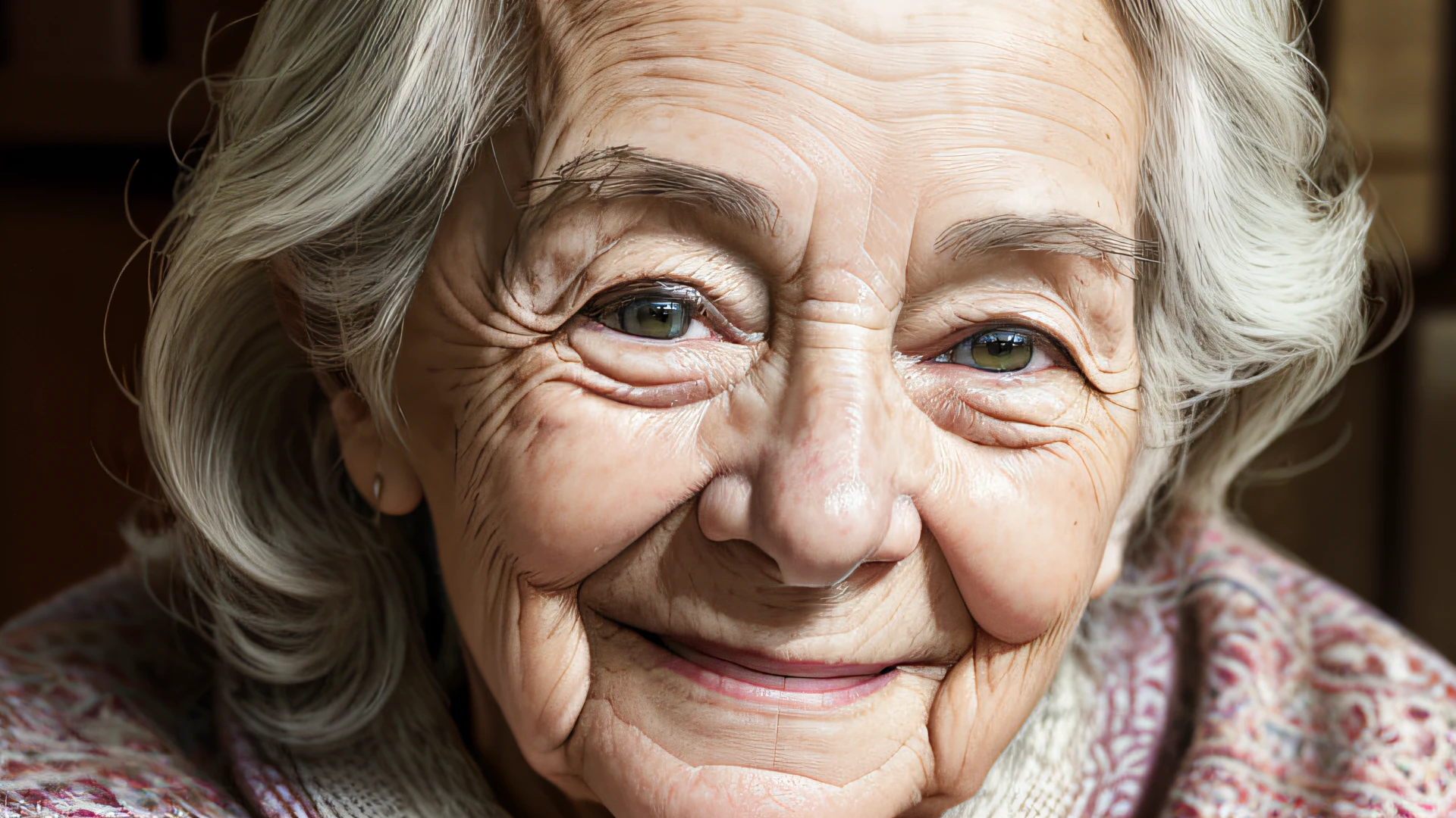 (best quality,4k,8k,highres,masterpiece:1.2),ultra-detailed,(realistic,photorealistic,photo-realistic:1.37),portrait,elderly person smiling,gentle eyes,wrinkled face with character,beautiful detailed smile,silver hair,kind-hearted expression,warm sunlight,soft lighting,wisdom shining through,loving and happy disposition,peaceful background,subtle colors,pleasant atmosphere,natural and comfortable setting