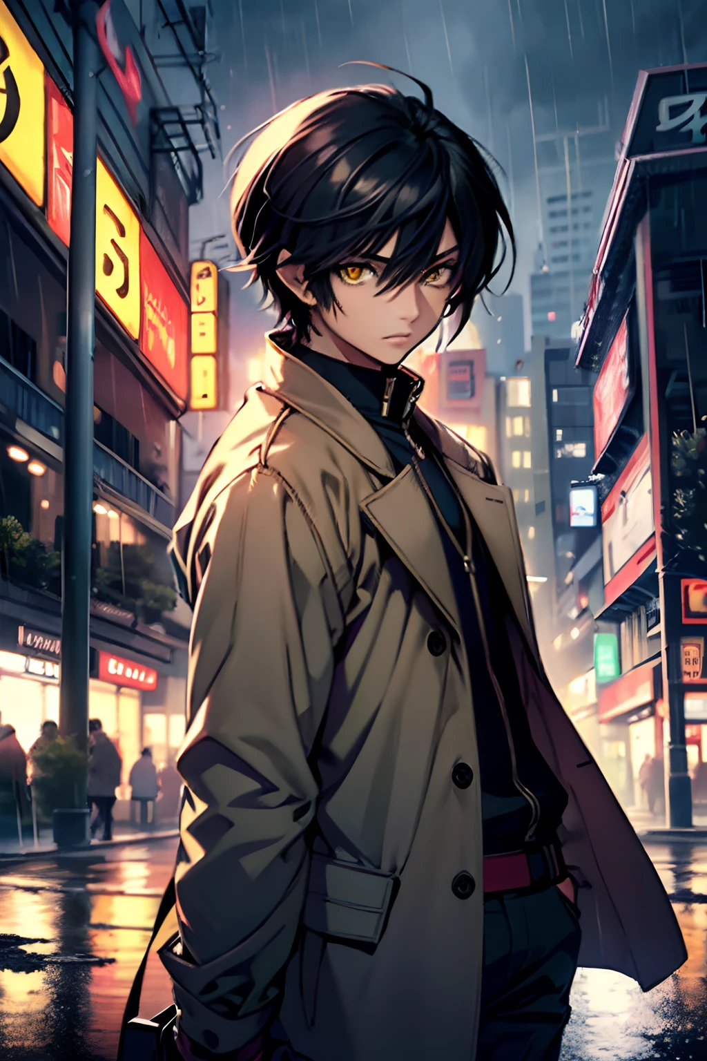 (best quality,4k,ultra-detailed,realistic),young boy,black hair character,Kurapika hair style,jacket coat,blue pants,yellow eyes,in a rainy city