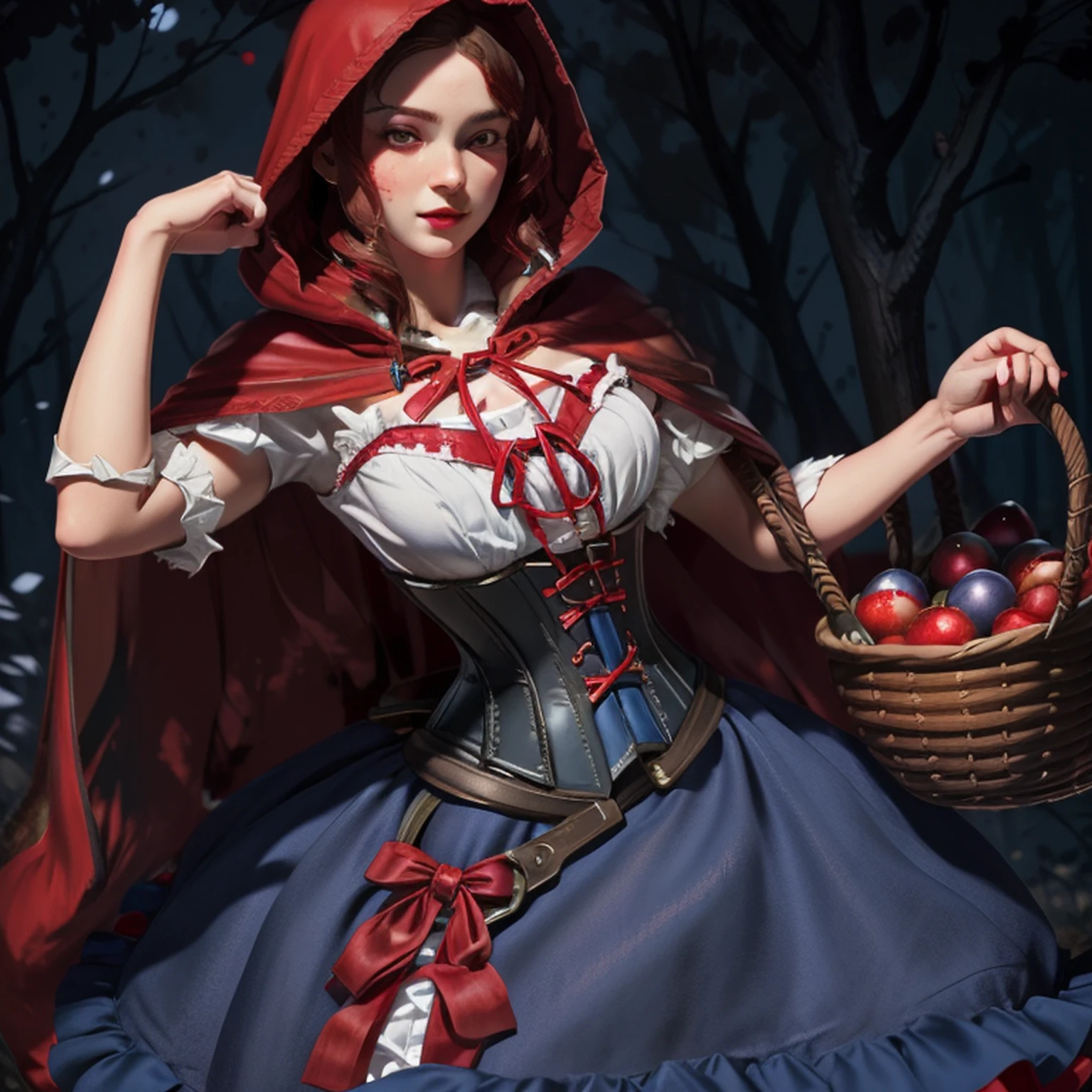 blue eyes,  RedHoodWaifu, (red hood, cape, corset, dress, red skirt),  fruit basket,  nice hands, good hands, detailed face, detailed eyes, detailed lips, detailed eyelashes,