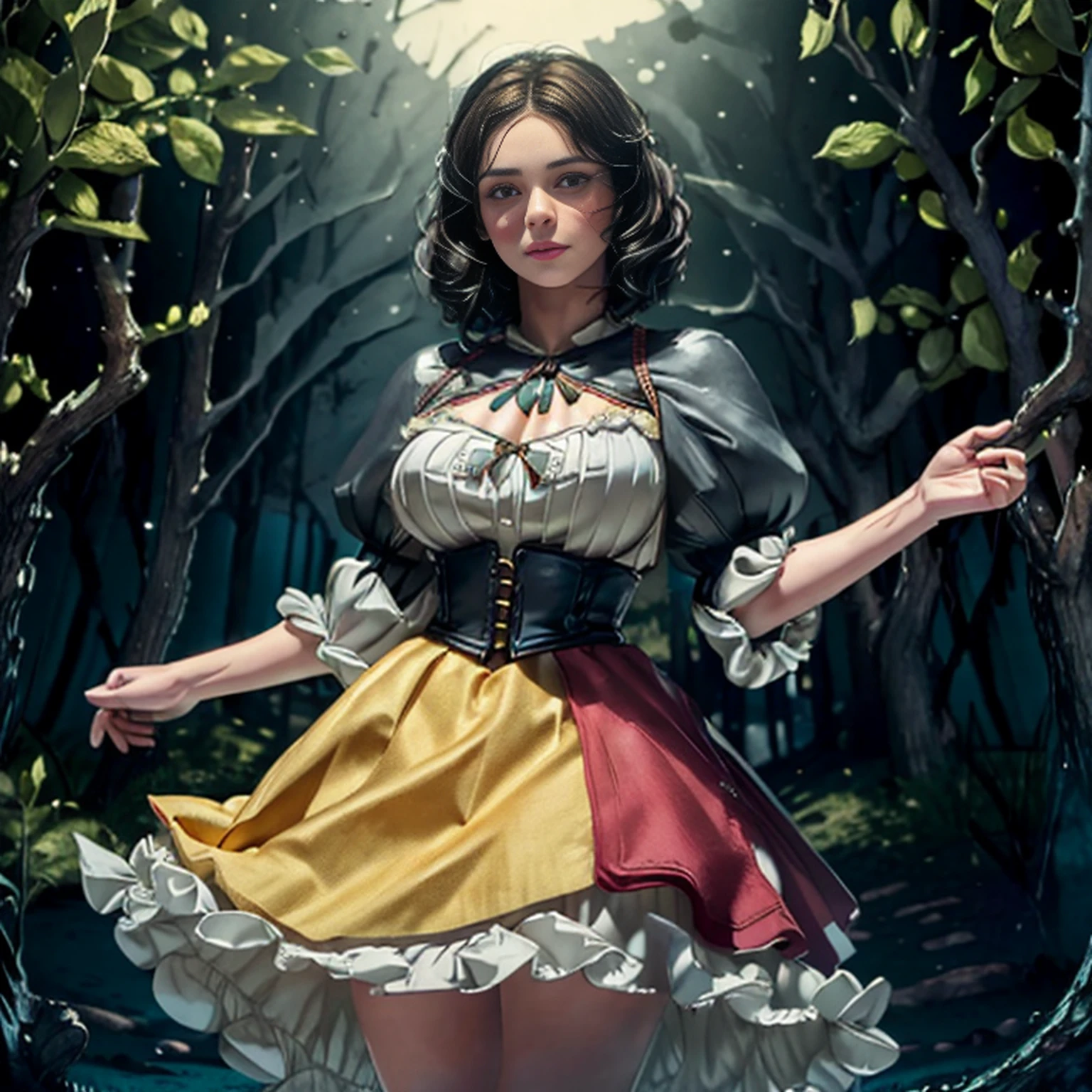 extremely beautiful snow white, subtle makeup, golden hour, photorealistic, high contrast, 8k HD, detailed, hyper-detailed, (curly bob short dark hair), realistic skin texture, large breast, best quality, ultra high res, raw photo, dramatic lighting, unreal engine, diffuse glow, (blue puffy sleeves top:1.1) , yellow skirt:1.1), (grabbing a toxic green poison apple), realistic detailed castle, fair maiden, romance, magic and witches, dark tales