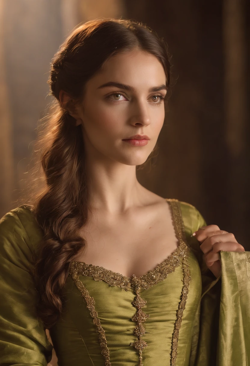 (((uma ferida avermelhada profunda atravessa sua bochecha esquerda))) tez justa, mulher em torno de 19 anos, cabelos brancos naturais, olhos verdes distintos, vestindo kohl, slender and graceful, Beautiful, luz de velas em um ambiente medieval, Ultra sharp focus, tiro realista, roupas femininas medievais, cores tetradicas (cicatriz:1.4)