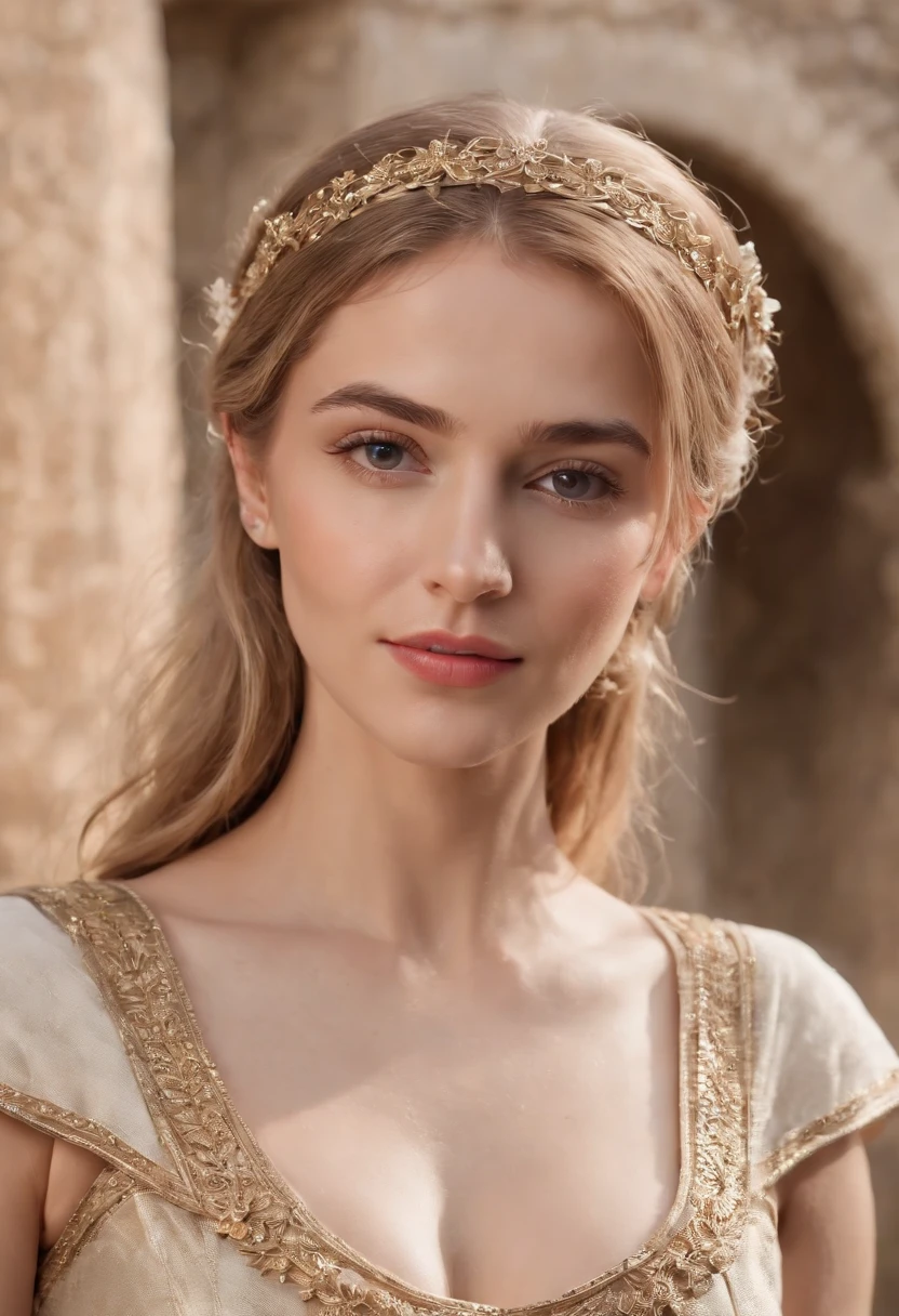 (Best quality, 8k, masterpiece: 1.3), blonde Greek goddesses, Greek clothes, Middle Ages, medium breasts, big hips, slim waist, beautiful, glamorous, alluring, shapely, curvy, long legs, high detail, High sharpness, Photos with depth, detailed face, detailed eyes, short hair, big office, charming smile, standing in the ancient Roman colosseum, epic, myth, drama, neckband jewelry, wristband jewelry, open-breasted blouse, nipple pocking