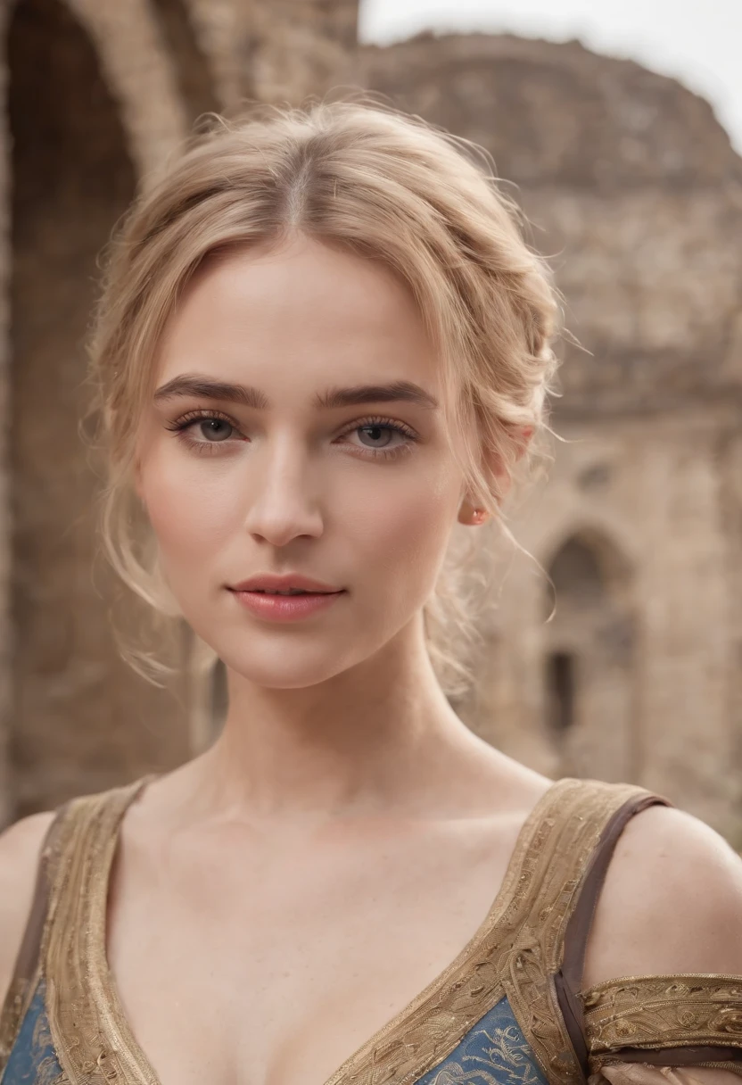 (Best quality, 8k, masterpiece: 1.3), blonde Greek goddesses, Greek clothes, Middle Ages, medium breasts, big hips, slim waist, beautiful, glamorous, alluring, shapely, curvy, long legs, high detail, High sharpness, Photos with depth, detailed face, detailed eyes, short hair, big office, charming smile, standing in the ancient Roman colosseum, epic, myth, drama, neckband jewelry, wristband jewelry, open-breasted blouse, nipple pocking