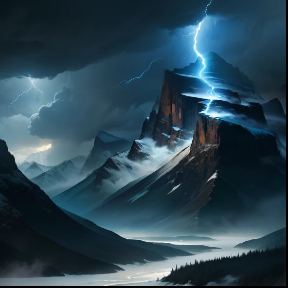 (best quality,highres,masterpiece:1.2),dramatic stormy mountain scenery,rocky mountains towering into the sky,dark storm clouds gathering above,ominous lightning striking the peaks,thunder echoing through the valleys,heavy rain pouring down,torrential waterfalls cascading down the cliffs,mist and fog shrouding the landscape,majestic and rugged terrain,menacing atmosphere,dangerous and unpredictable storm,breathtaking natural beauty,wild and untamed,majesty of nature,awe-inspiring power of the elements,contrast of light and darkness,magnificent display of nature's fury,treacherous and trepidating journey,adventure awaits in the storm,risk and resilience in the face of adversity,overwhelming sense of awe and wonder,vivid colors amid the darkness,powerful forces of nature at play.