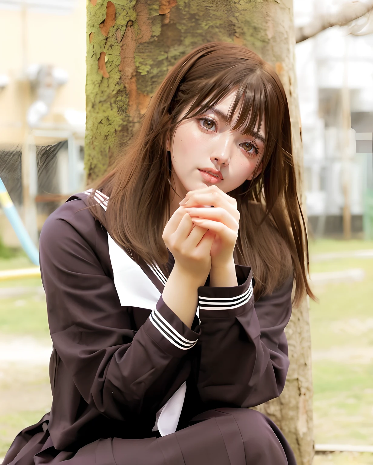 arafed woman sitting on a tree with her hands clasped, close up iwakura lain, iwakura lain, chiho, wearing japanese school uniform, close up of iwakura lain, seifuku, japanese girl school uniform, japanese school uniform, anime girl in real life, shikamimi, sakimichan, beautiful anime high school girl
