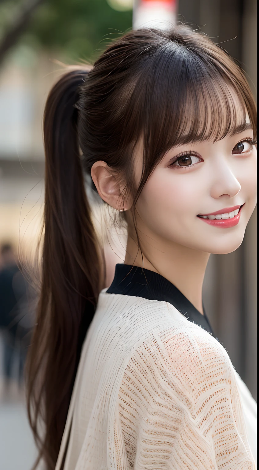 masutepiece, Best Quality, Illustration, Ultra-detailed, finely detail, hight resolution, 8K Wallpaper, Perfect dynamic composition, Beautiful detailed eyes, Women's Fashion Summer,Ponytail hair,Small breasts natural color lip, ,Smile,Harajuku、20 years girl、Cute、profile