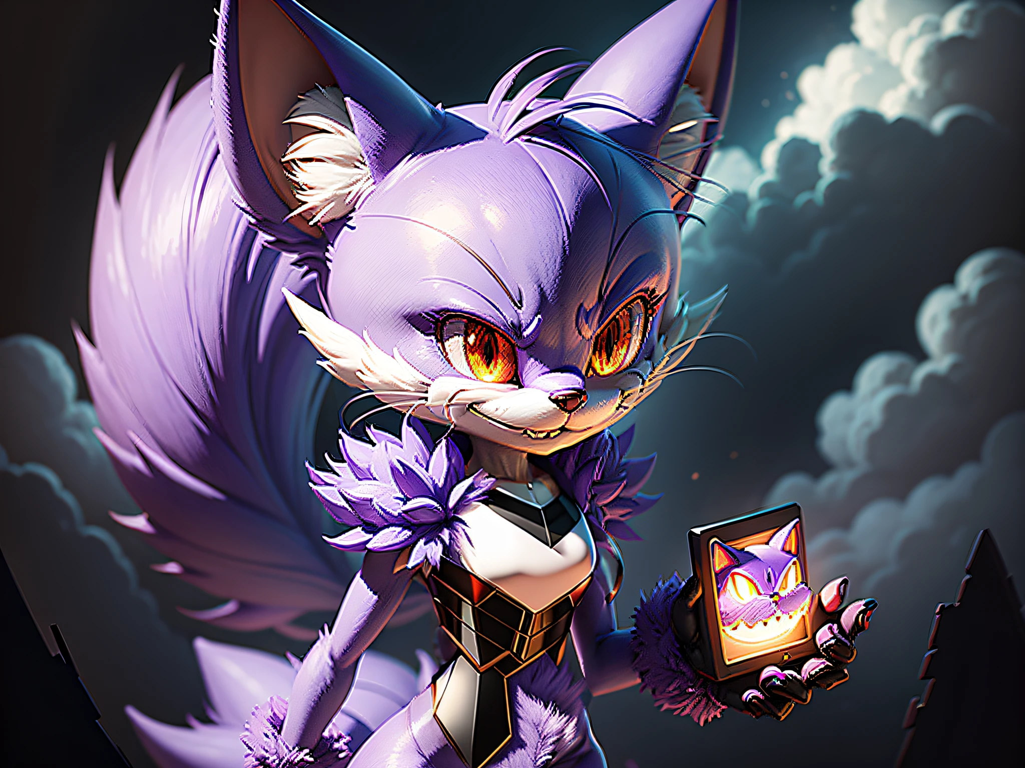 high quality digital art, character sketch, a furry lavender anthropomorphic demonic cat from Sonic the hedgehog with glowing red eyes, holding a small square, smiling evilly, cloudy misty background, creepy