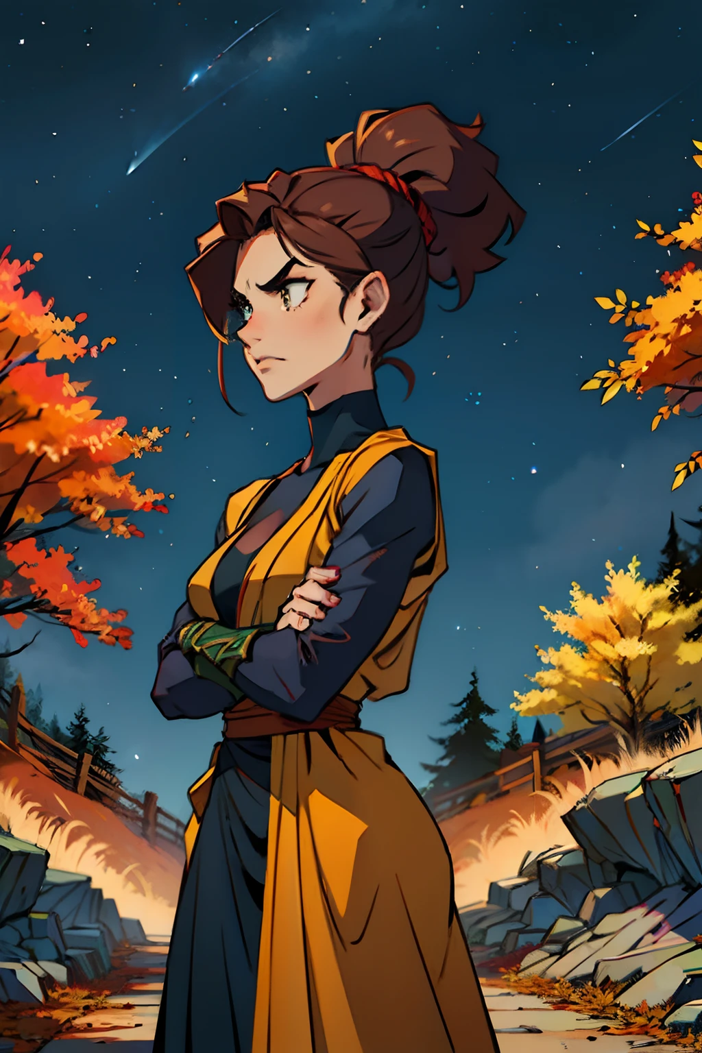 A woman who is a mean, angry woman with crossed arms blocking a pathway in the woods, background is dark autumn sky, mood is hindering, obstruction, obscuring discord, character design.