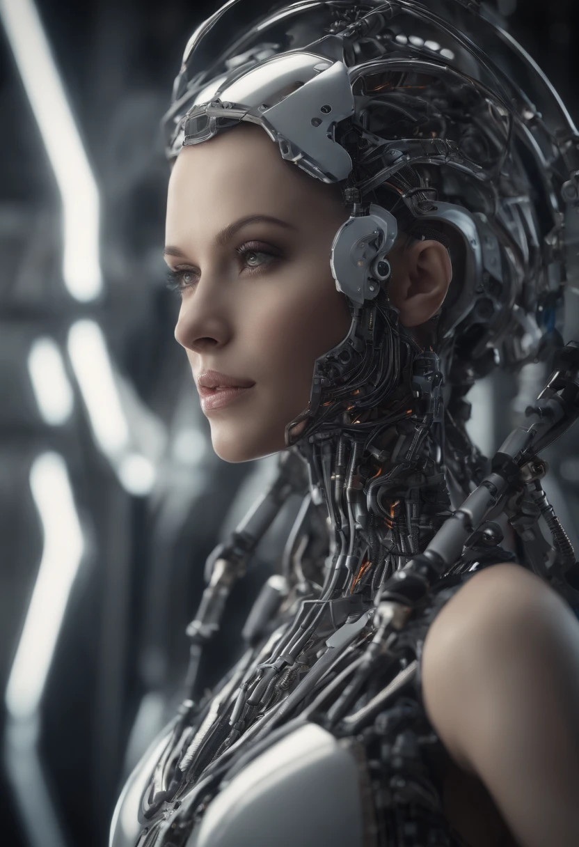 Ultra detailed complex 3D render of a beautiful porcelain profile woman android top, boca fechada, ciborgue, robotic parts, 150 mm, Beautiful soft studio light, luz de aro, detalhes vibrantes, luxuoso cyberpunk, renda, hiper-realista, anatomic, facial muscles, cable electrical wires, microchip, elegante, fundo bonito, octan render, estilo HR Giger, 8k, melhor qualidade, obra-prima, 插圖, extremamente delicado e bonito, extremamente detalhado, CG, unidade, papel de parede, (realista, fotorrealista: 1,37) , Awesome, detalhes finos, obra-prima, melhor qualidade, arte oficial, papel de parede 8k de unidade CG extremamente detalhado, absurdos, incrivelmente absurdos, Roboto, capacete de prata