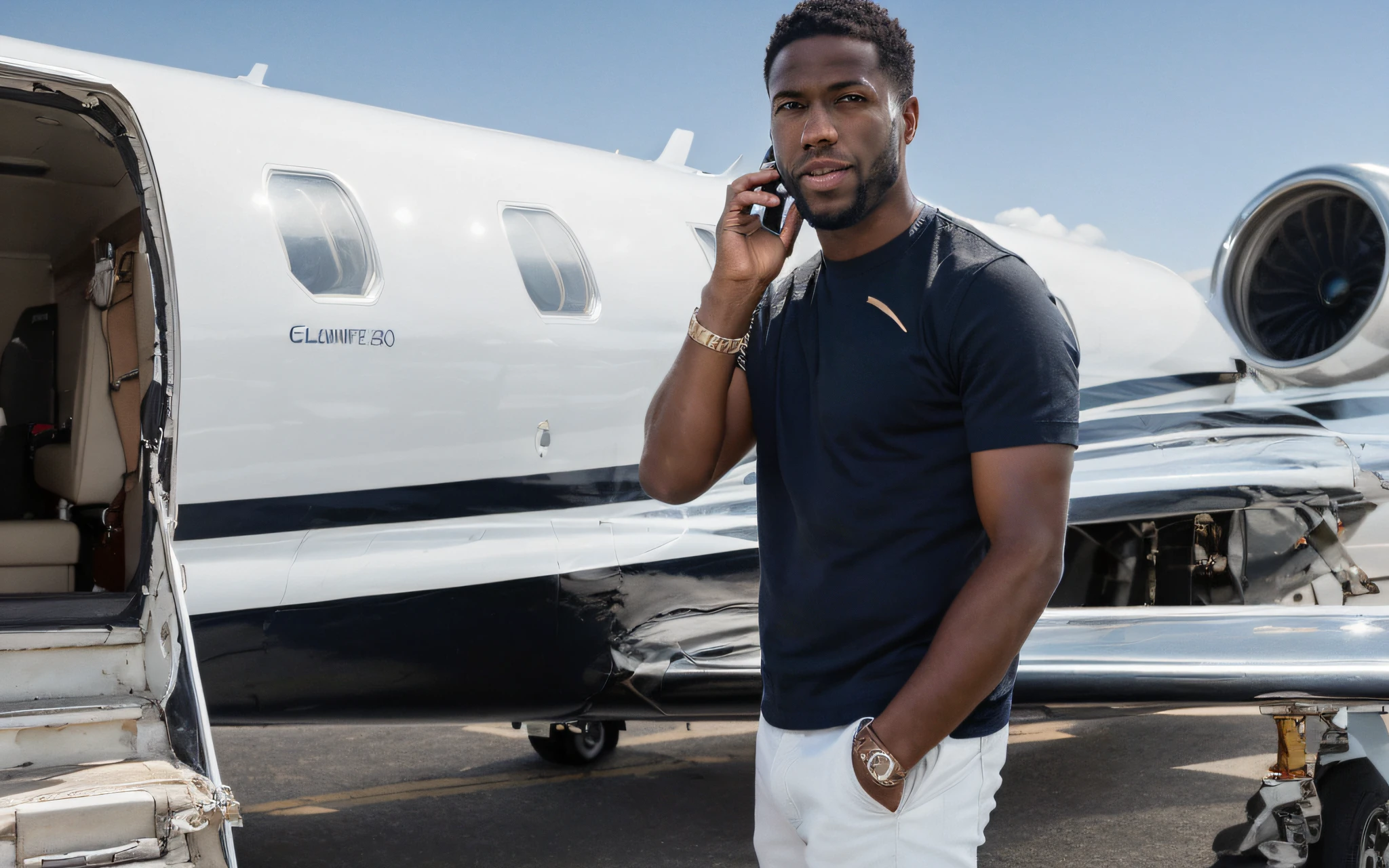arafed man standing in front of a private jet talking on a cell phone, flaunting his wealth, vacation photo, teddy fresh, by Niko Henrichon, mkbhd, taken in the early 2020s, adrien girod, in a scenic background, cedric payravernay, anthony pafford, extremely high resolution
