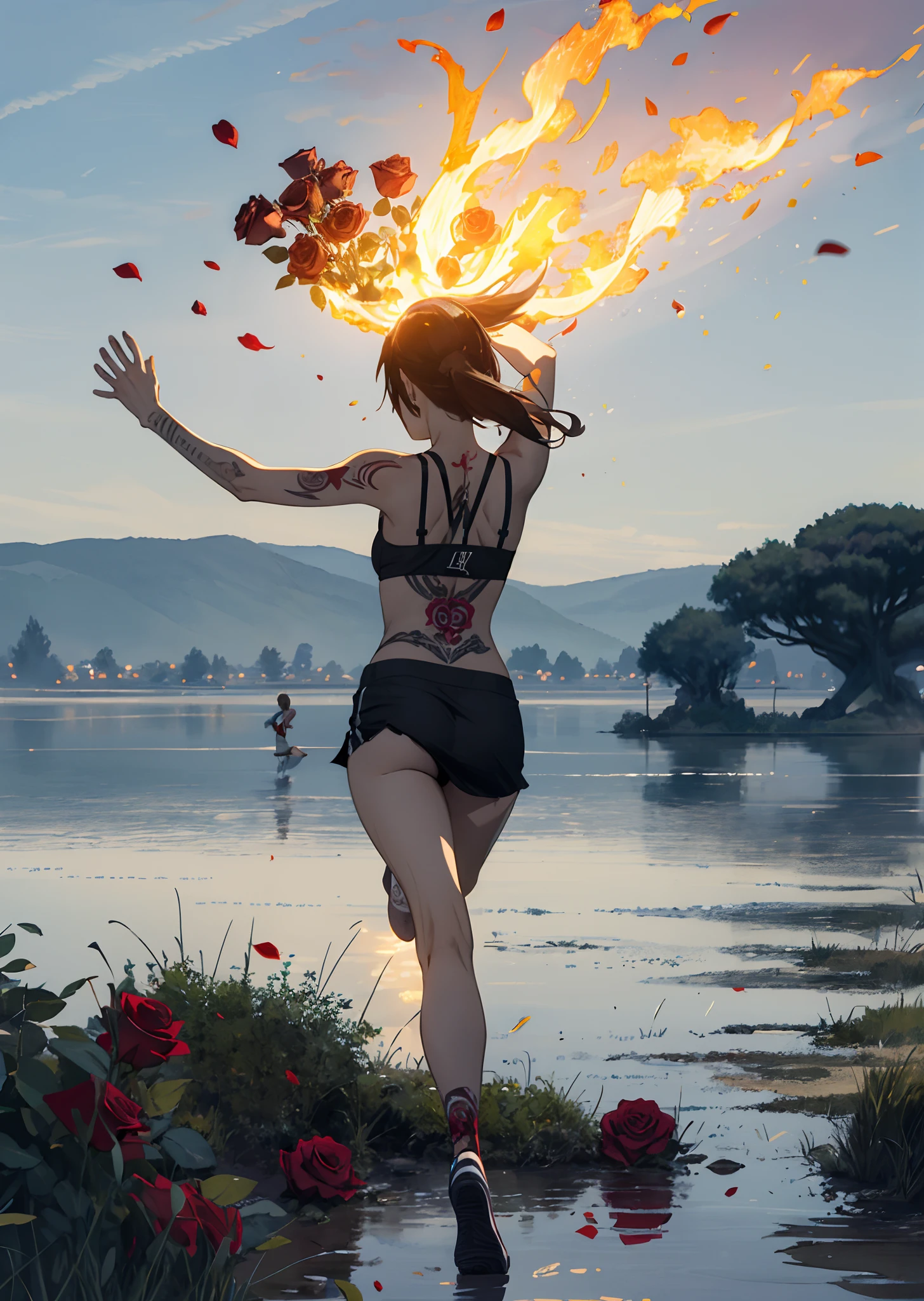 a pencil sketch:A girl wears only bra and miniskirt,Half of the ass exposed,Run across vast meadows,Run to the lake,Holding a large bundle of roses in his hand,The roses are burning with a big flame,She has tattoos on her arms and legs