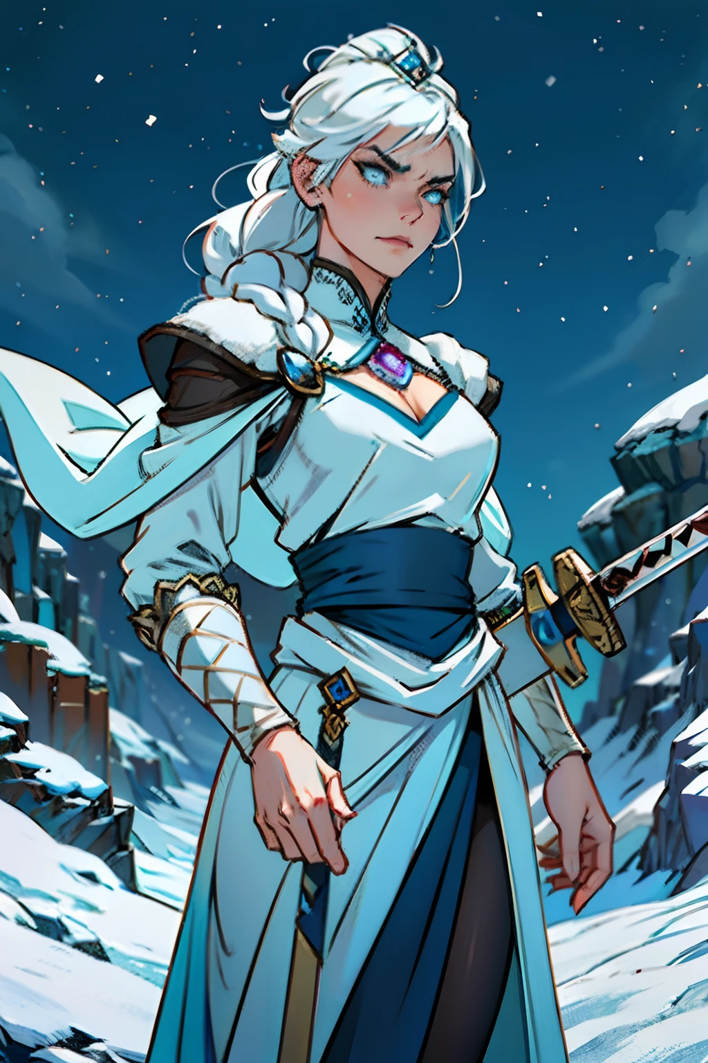 A woman who is an angry snow-queen, brandishing a frozen sword, snarling, background is eerie night sky, snowing, mood is repressed, fatalistic, nebulous, oblivious, character design.