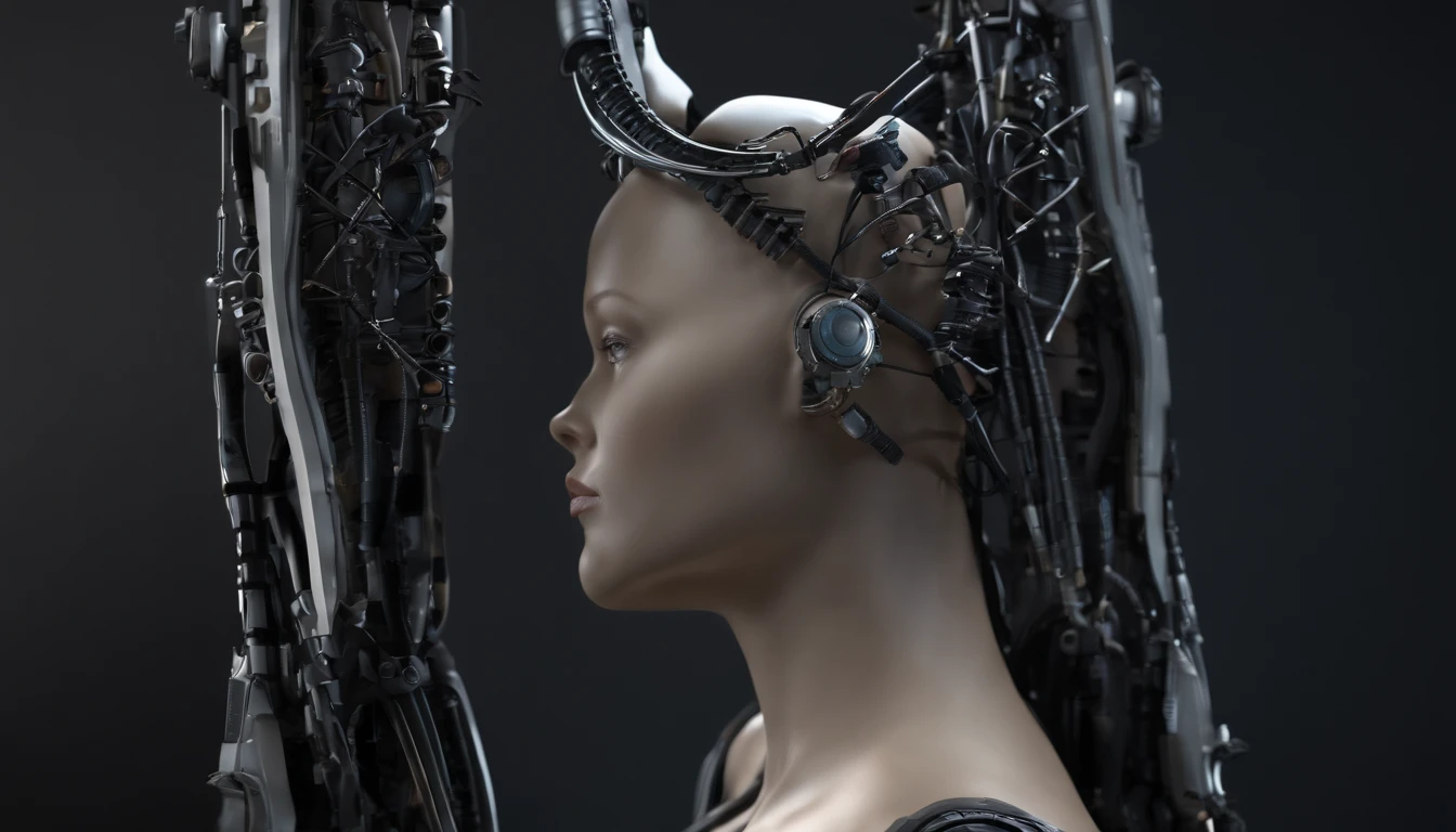 Ultra detailed complex 3D render of a beautiful porcelain profile woman android top, boca fechada, ciborgue, robotic parts, 150 mm, Beautiful soft studio light, luz de aro, detalhes vibrantes, luxuoso cyberpunk, renda, hiper-realista, anatomic, facial muscles, cable electrical wires, microchip, elegante, fundo bonito, octan render, estilo HR Giger, 8k, melhor qualidade, obra-prima, 插圖, extremamente delicado e bonito, extremamente detalhado, CG, unidade, papel de parede, (realista, fotorrealista: 1,37) , Awesome, detalhes finos, obra-prima, melhor qualidade, arte oficial, papel de parede 8k de unidade CG extremamente detalhado, absurdos, incrivelmente absurdos, Roboto, capacete de prata