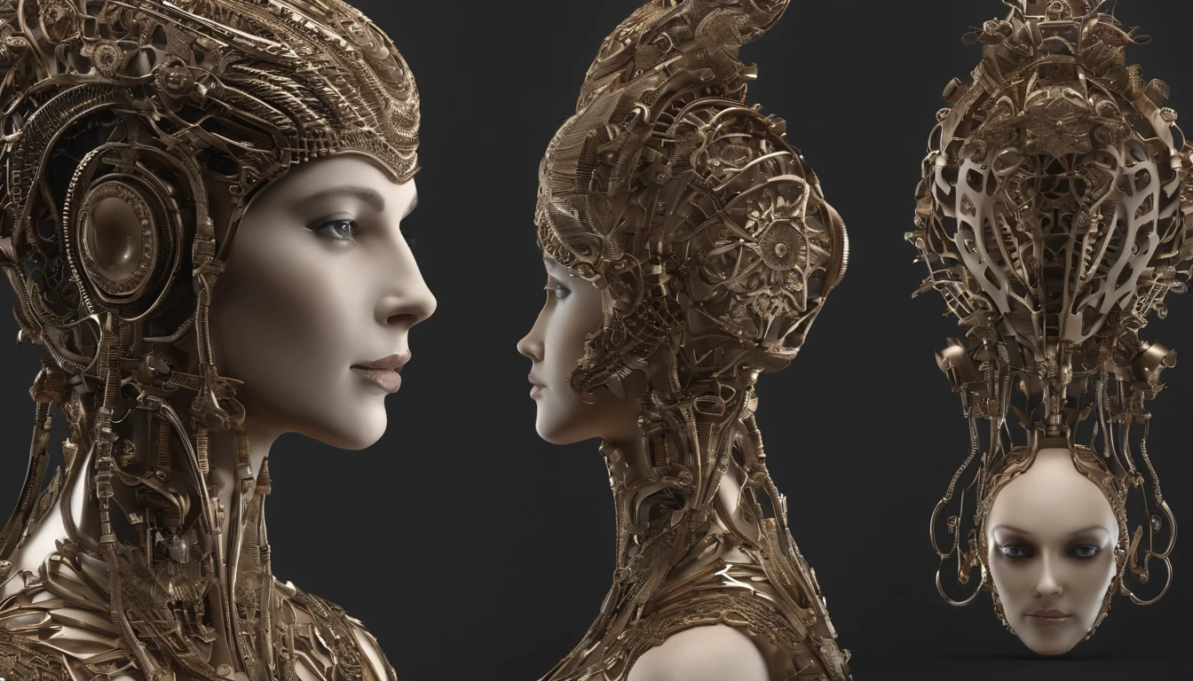 Ultra detailed complex 3D render of a beautiful porcelain profile woman android top, boca fechada, ciborgue, robotic parts, 150 mm, Beautiful soft studio light, luz de aro, detalhes vibrantes, luxuoso cyberpunk, renda, hiper-realista, anatomic, facial muscles, cable electrical wires, microchip, elegante, fundo bonito, octan render, estilo HR Giger, 8k, melhor qualidade, obra-prima, 插圖, extremamente delicado e bonito, extremamente detalhado, CG, unidade, papel de parede, (realista, fotorrealista: 1,37) , Awesome, detalhes finos, obra-prima, melhor qualidade, arte oficial, papel de parede 8k de unidade CG extremamente detalhado, absurdos, incrivelmente absurdos, Roboto, capacete de prata