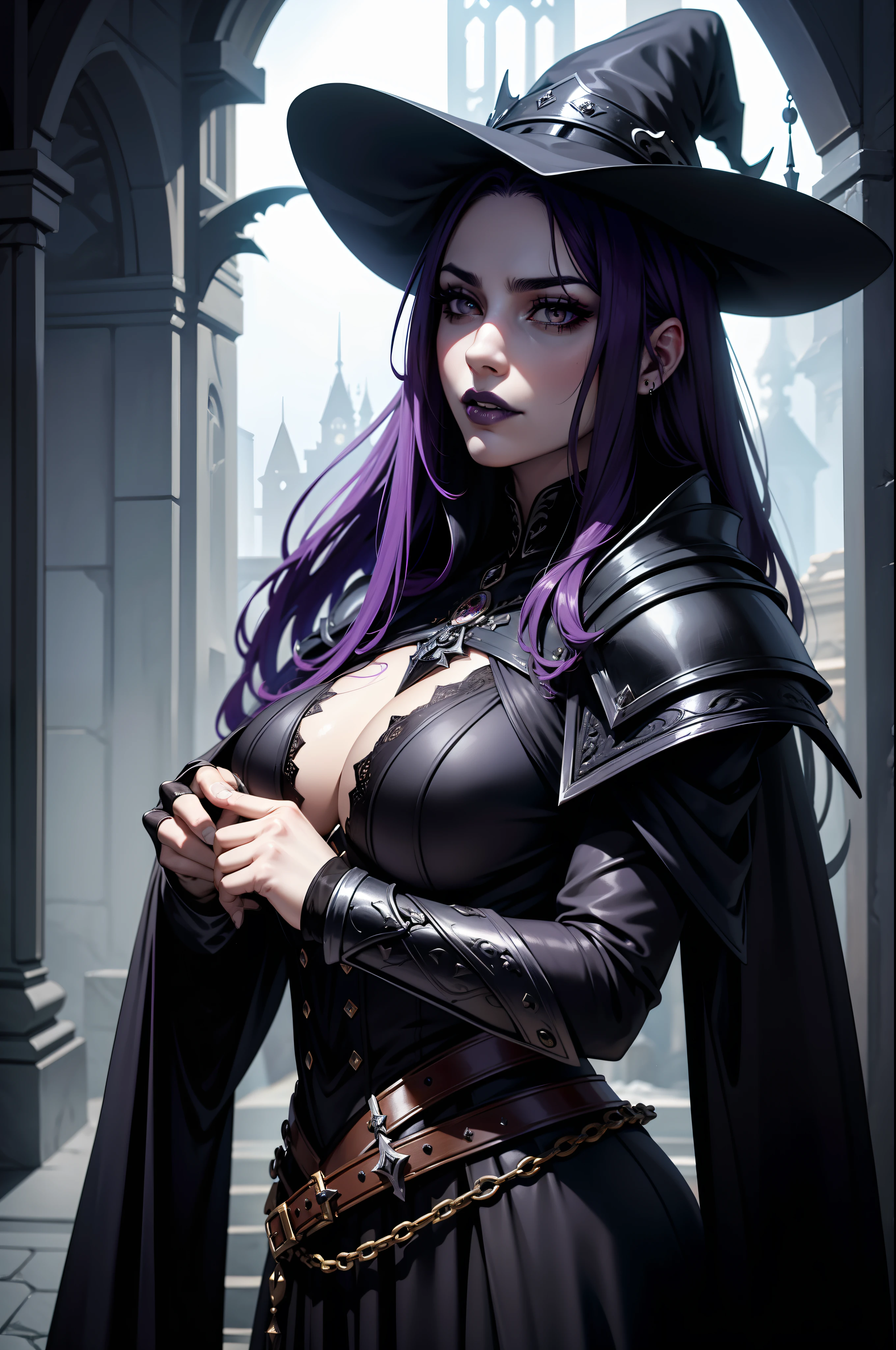 An adult vampire character witch priestess wearing a very detailed and beautiful gothic armor. Seu cabelo com corte em estilo curto, black lip color, cor roxa dos olhos;, manto, capuz, caminhando, 8k, Magnificent, Black and purple Gothic armor, capa e roxa, cabelo longo, serene facial expression
Task completed49%