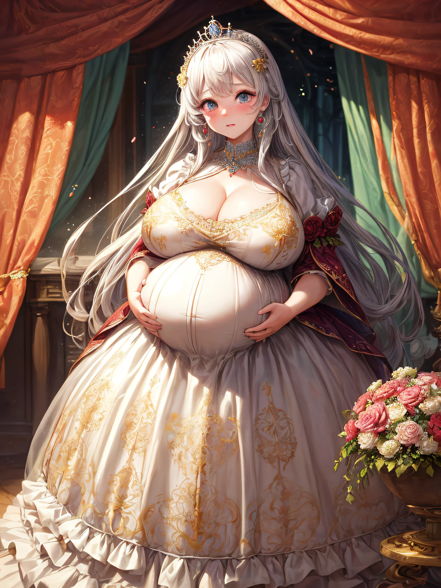 (masterpiece, best quality,extremely detailed:1.1),(moe anime art style:1.2),1girl,((full body,focus face)),((solo)), cute, kawaii,digital art,((1 bling-bling pregnant princess wearing beautiful embroidery and jeweled gorgeous princess rococo ballgown with voluminous full length hoop skirt)),(((heavily pregnant,very big pregnant belly))),((crinoline)),long train,voluminous frills,(gorgeous embroidery and beautiful lace),((very gigantic boobs,skindentation)),cleavage,shiny hair,(((very long straight hair,large amount of straight hair))),((embarrassed)),anguish,((finely detailed face and eyes)),clear pupil,extremely gorgeousfull hair ornament,(bling-bling jeweled extremely gorgeousfull tiara),(bling-bling gorgeous gemstone jewelry),long veil,beautiful background,fantasy background,flowers,flower petals flowing,full body,((beautiful embroidery and jeweled ruffled gorgeous princess rococo ballgown with voluminous full length hoop skirt))