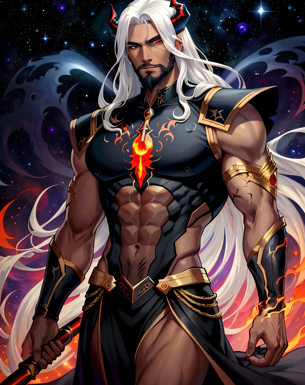 extremely detailed, hyper detailed, (PERFECT FACE), ((detailed eyes)) illustration, low lighting, 2d, intricate, detailed eyes, sexy, toned, (outside), White hair, red eyes. Surrounded by golden, black and red nebulae, stars, sidereal winds and planets. ((extremely realistic shadows, masterpiece, extremely detailed, photorealistic)). An arrogant and severe cosmic God. (1 man) (30 years old) attractive but intimidating, black and red Greek tunic, dark skin, ((DARK SKIN)) short wavy hair combed back, goatee beard, optimal height, tight clothing, body full of muscles; V-shaped body, huge, massive, muscular pecs, muscular abs, long legs, muscular arms, intimidating and beautiful face, cool and calm face type with a cold smile, short golden horns, darkness, dark, mist, surrounded by swirls of darkness and fog, a terrifying void that can be described as coming out of a cosmic nightmare.