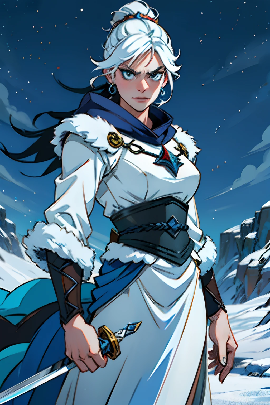A woman who is an angry snow-queen, brandishing a frozen sword, snarling, background is eerie night sky, snowing, mood is repressed, fatalistic, nebulous, oblivious, character design.