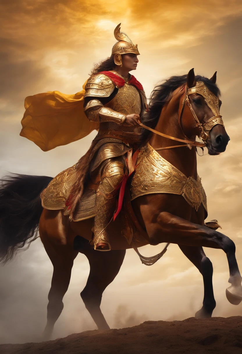 warrior with golden armor, wielding a sword, on top of a white horse