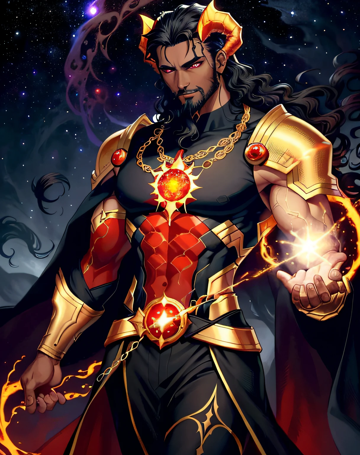 extremely detailed, hyper detailed, (PERFECT FACE), ((detailed eyes)) illustration, low lighting, 2d, intricate, detailed eyes, sexy, toned, (outside), White hair, red eyes. Surrounded by golden, black and red nebulae, stars, sidereal winds and planets. ((extremely realistic shadows, masterpiece, extremely detailed, photorealistic)). An arrogant and severe cosmic God. (1 man) (30 years old) attractive but intimidating, black and red Greek tunic, dark skin, ((DARK SKIN)) short wavy hair combed back, goatee beard, optimal height, tight clothing, body full of muscles; V-shaped body, huge, massive, muscular pecs, muscular abs, long legs, muscular arms, intimidating and beautiful face, cool and calm face type with a cold smile, short golden horns, darkness, dark, mist, surrounded by swirls of darkness and fog, a terrifying void that can be described as coming out of a cosmic nightmare.