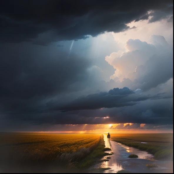 (best quality,4k,8k,highres,masterpiece:1.2),ultra-detailed,(realistic,photorealistic,photo-realistic:1.37),a storm approaching in a field,oil painting,thunderclouds rolling in,dark and ominous sky,heavy rain pouring down,billowing wheat field,muddy ground,branches swaying in the wind,dramatic lighting,ethereal atmosphere,contrast between light and dark,vibrant colors,impressionistic brushstrokes,anxiously waiting figure in the distance