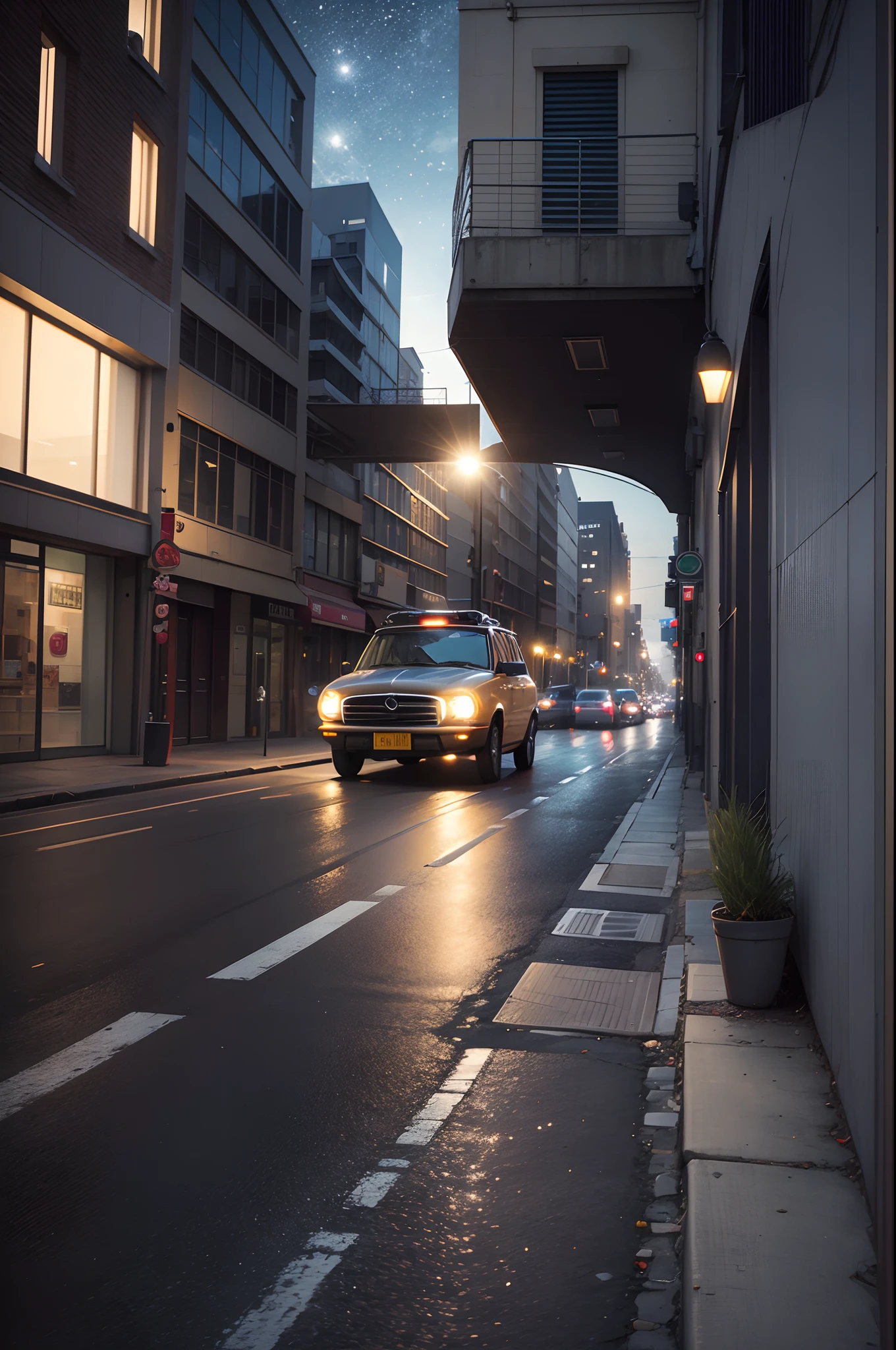 create a photo realistic image of a city street or lane, with a little lighting, image angled from the right side in HD, with space to insert an image of a car, with an advertising theme