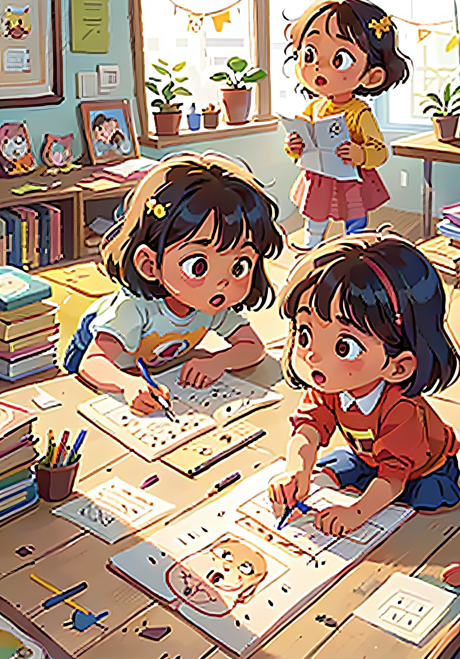 There are two children drawing on paper on the floor, children's book illustrations, children's book illustrations, KIDS ILLUSTRATION, children's book illustrations, children's book illustrations, Children's book illustration, children's book illustrations, children illustration, Children's illustration, Children\'s book drawing, children illustration, colorful kids book illustration, children's book drawing, Children\'s illustration