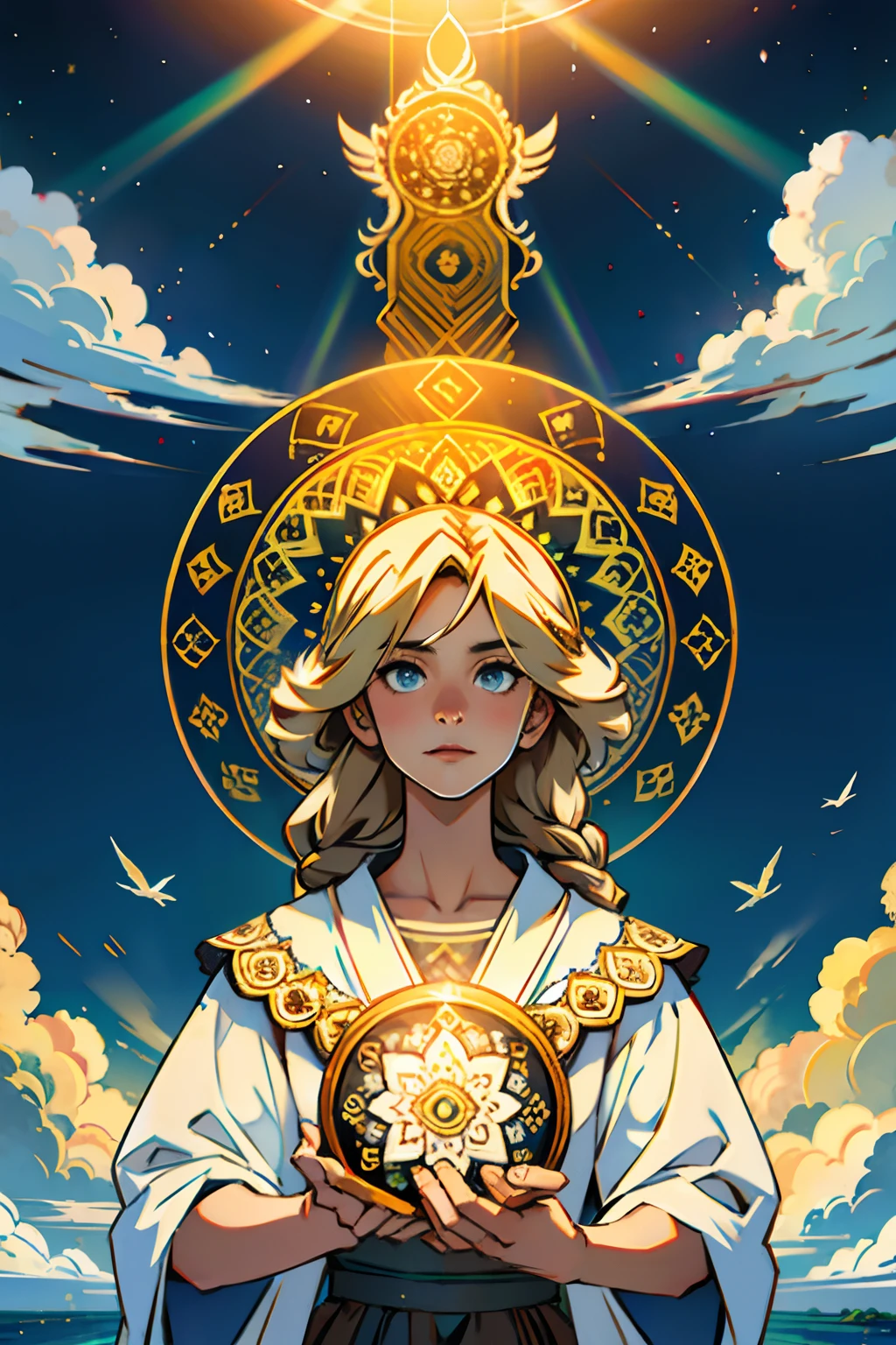 A round ornamental mandala made of light rays from heaven, surrounded by puffy white clouds.