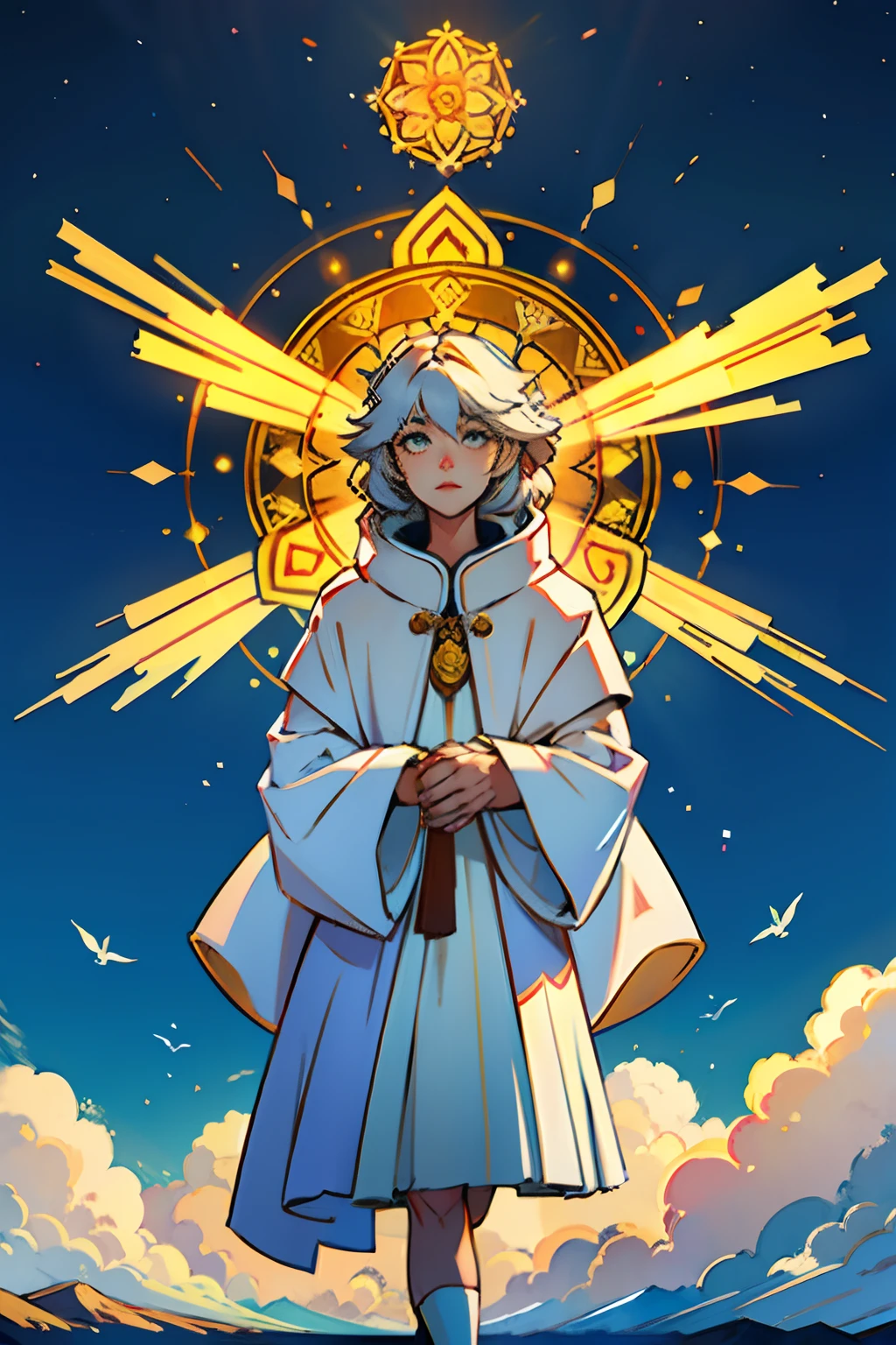 A round ornamental mandala made of light rays from heaven, surrounded by puffy white clouds.