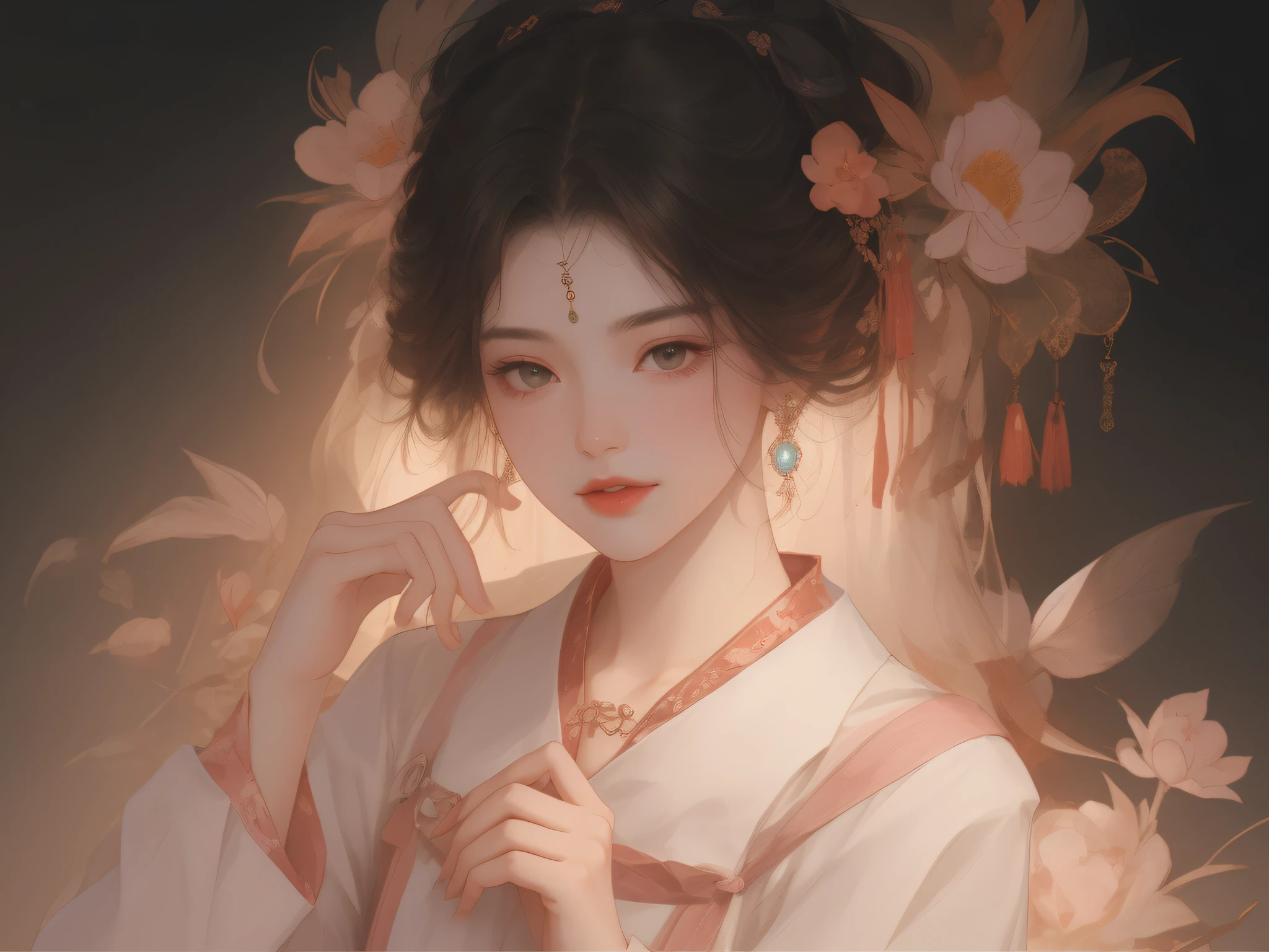 Best quality、tmasterpiece、A high resolution、1 flat-chested girl、Porcelain soft satin dress、Delicate hair accessories、Fine Necklace、detailed jewellery、pretty face、Physically、Flat and thin body,smallunderboob,Tyndall effect、realisticlying、Surrounded by flowers、edge lit、Surrounded by flowers、bicolor lighting、(highdetailskin:1.2)、8K Ultra HD、Digital SLR、softlighting、high high quality、volumettic light、sneak shot、photore、A high resolution、4K、8K、The background is blurred out,