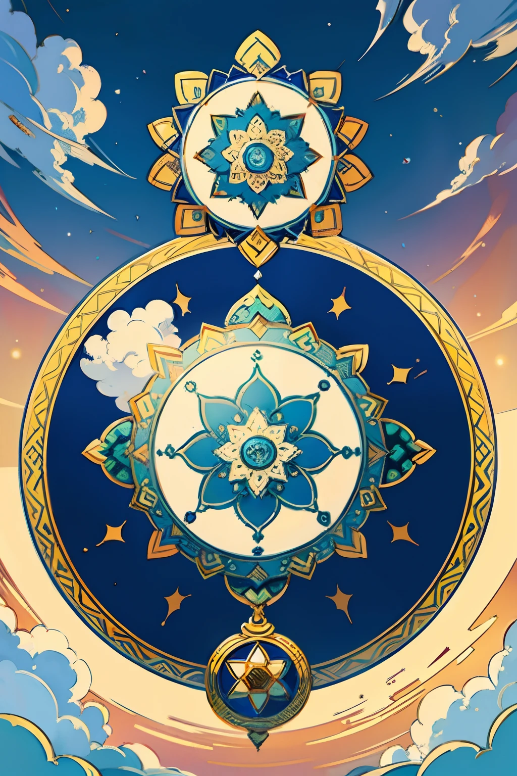 A round ornamental mandala made of puffy white clouds and rays of God light.